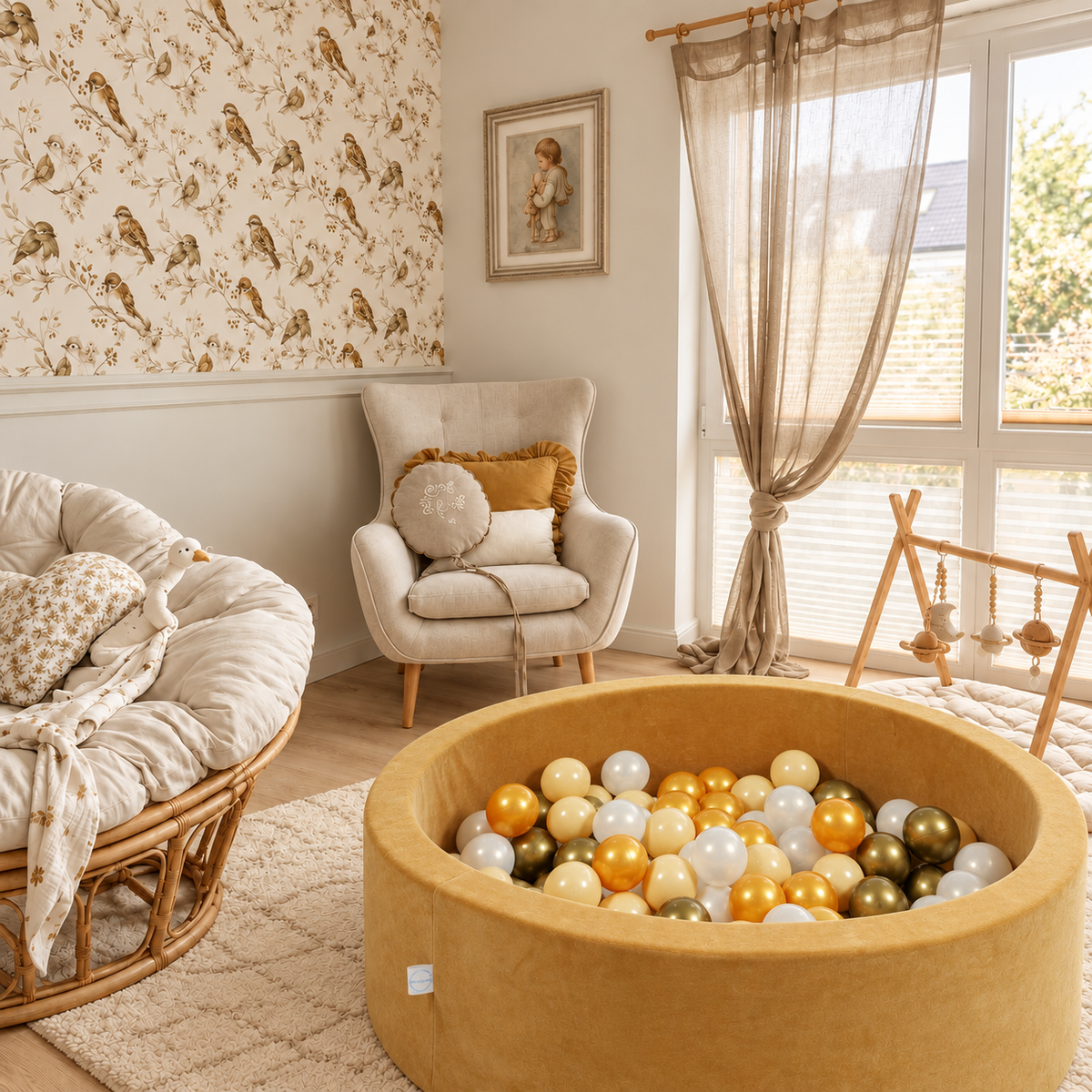 Ball pit with balls 90 × 30 cm Velvet Soft caramel with 200 balls