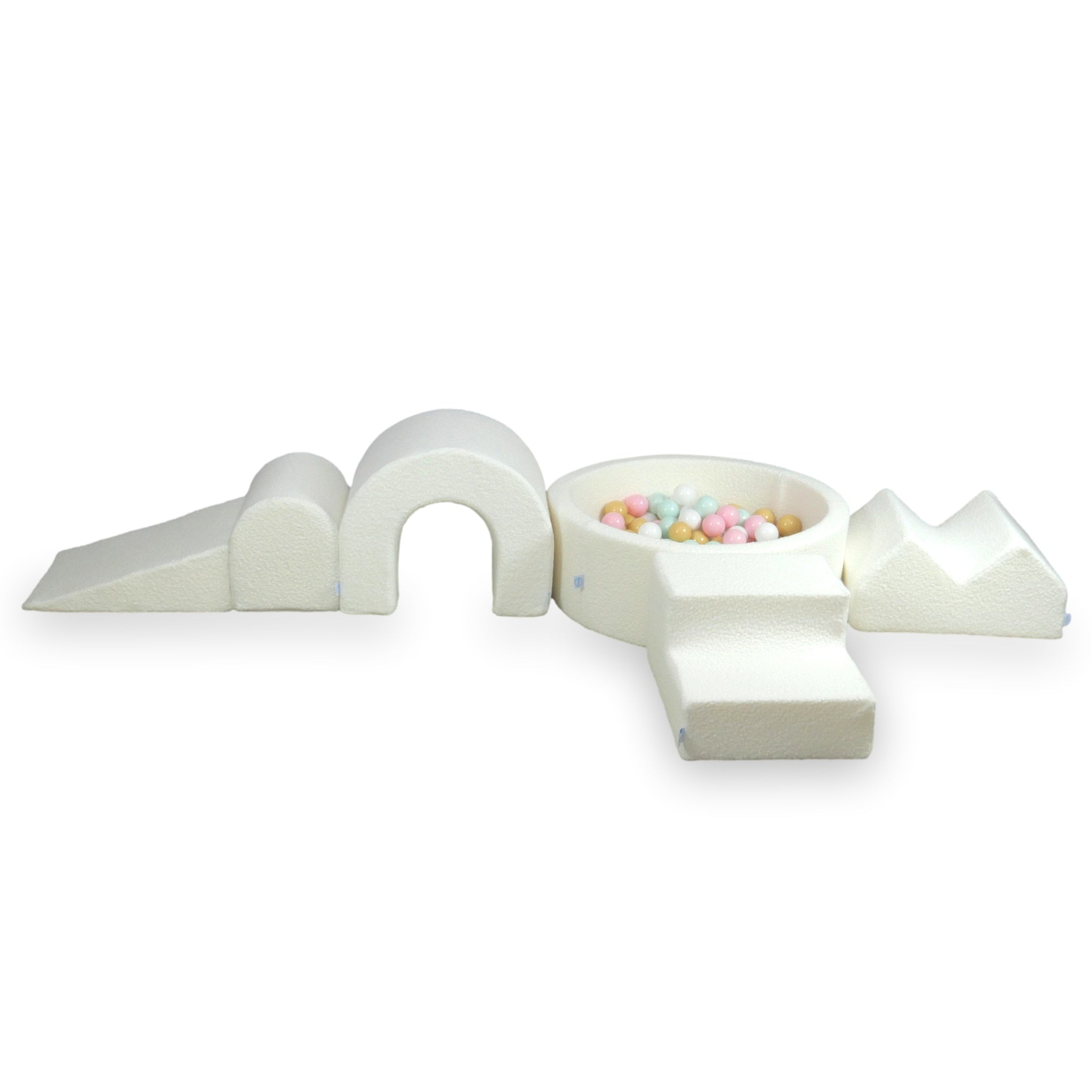 Foam play area with round ball pit 90x30 white boucle + 5 elements + 200 balls