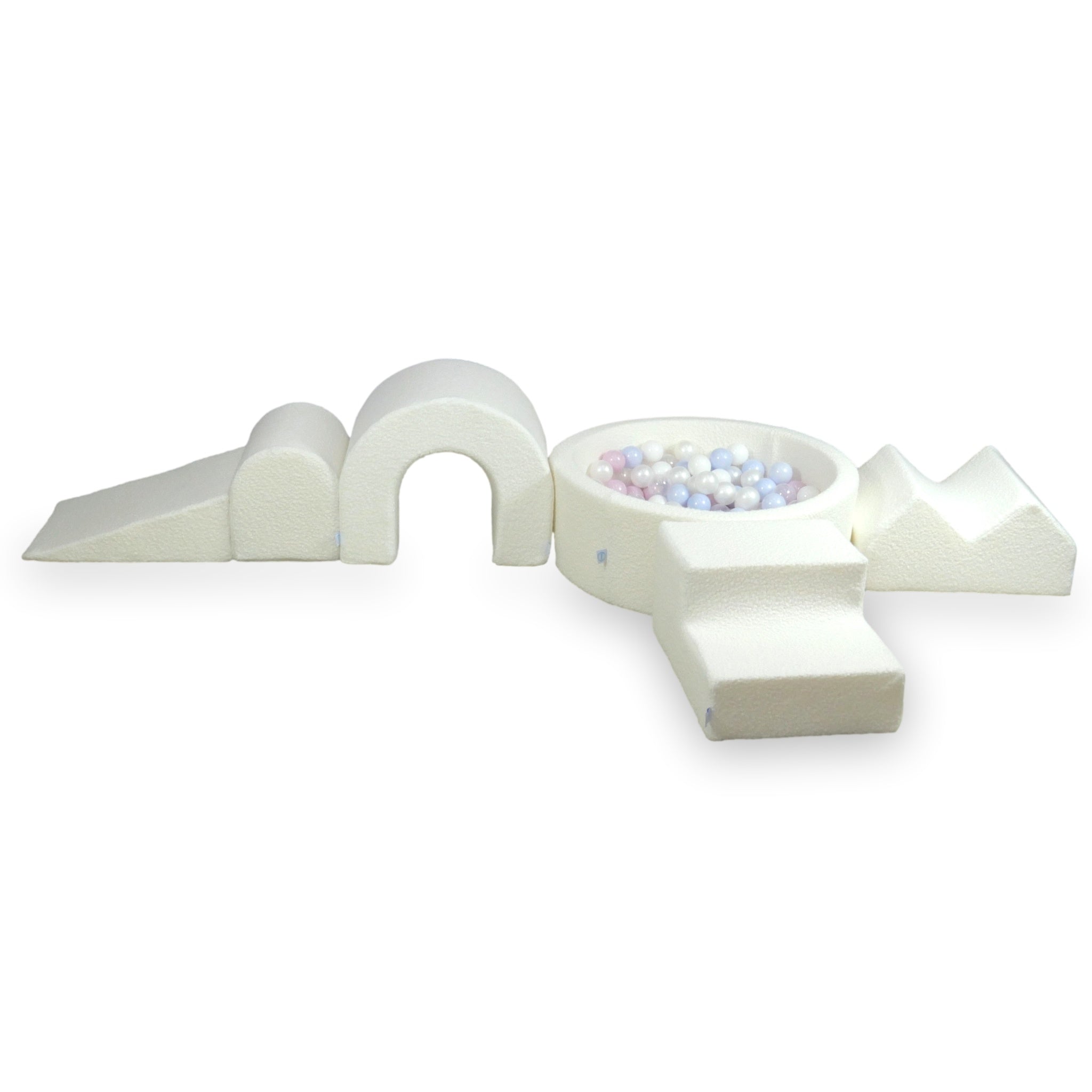 Foam play area with round ball pit 90x30 white boucle + 5 elements + 200 balls