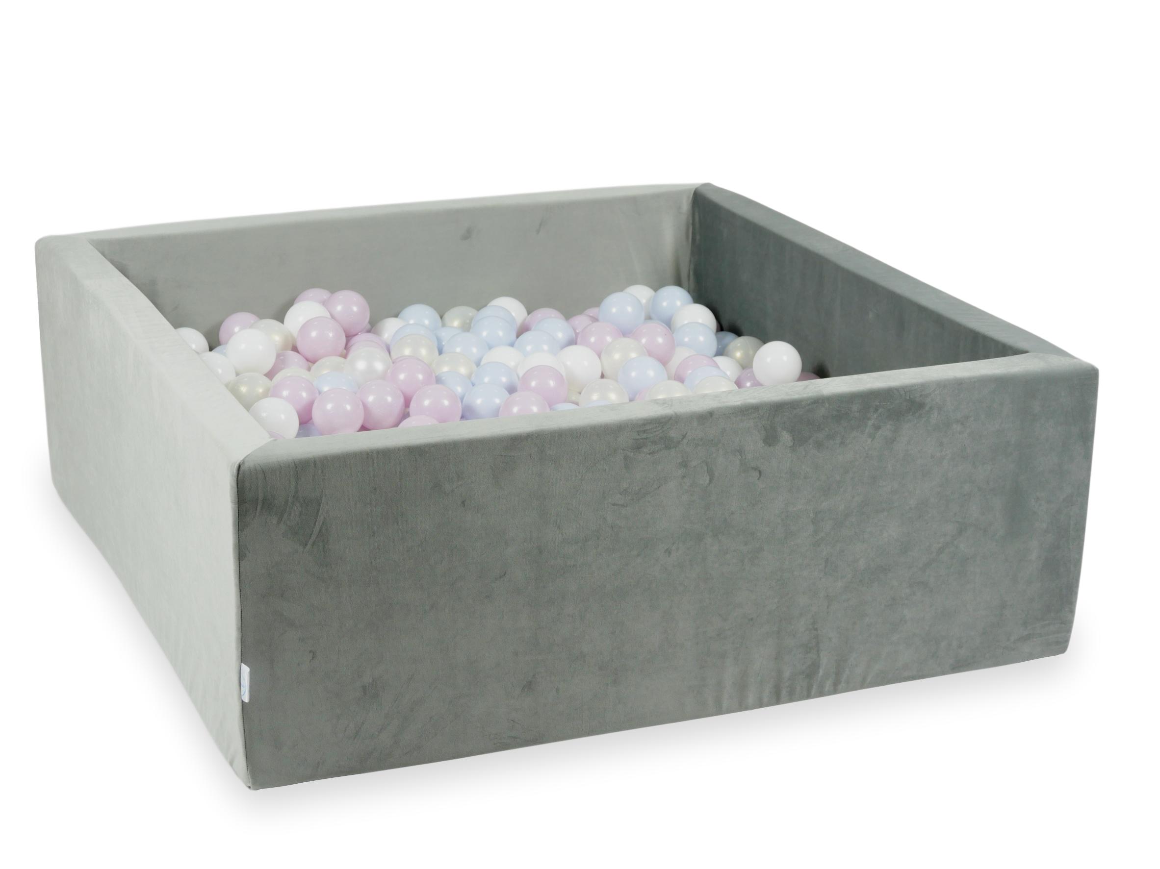 Square ball pit 110x110x40 cm in gray velvet velvet, 600 balls