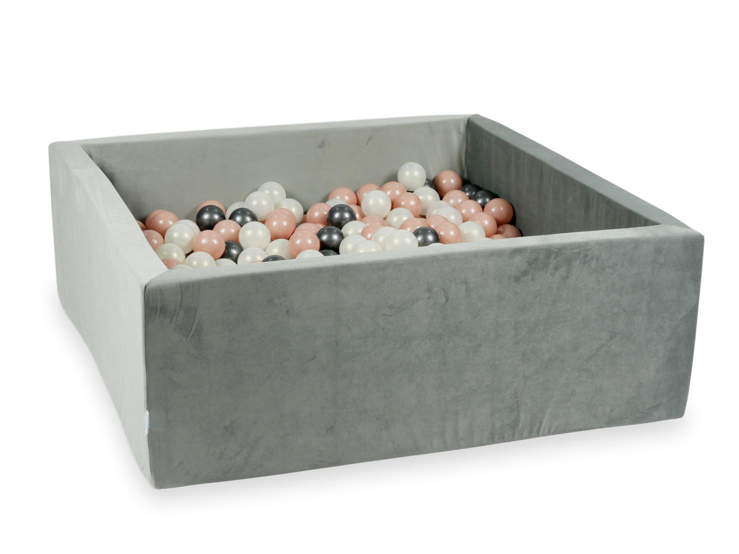 Square ball pit 110x110x40 cm in gray velvet velvet, 600 balls
