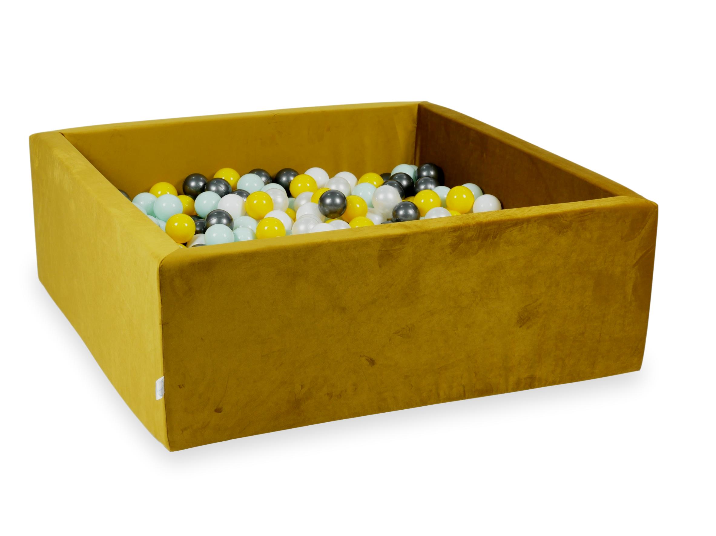 Square ball pit 110x110x40 cm in gold velvet velvet, 600 balls