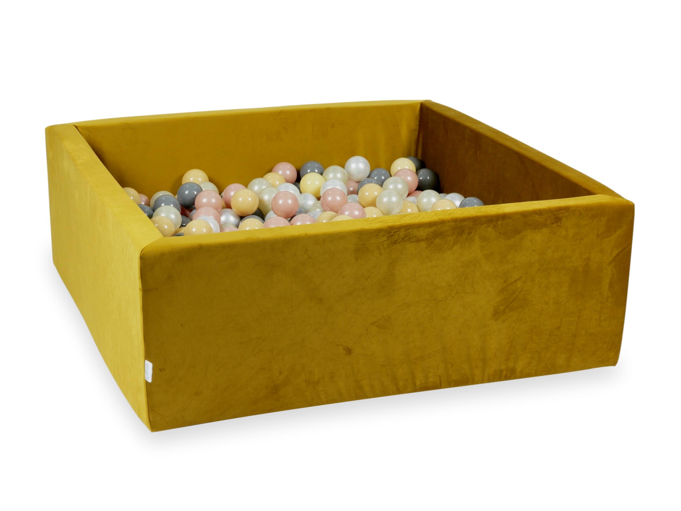 Square ball pit 110x110x40 cm in gold velvet velvet, 600 balls
