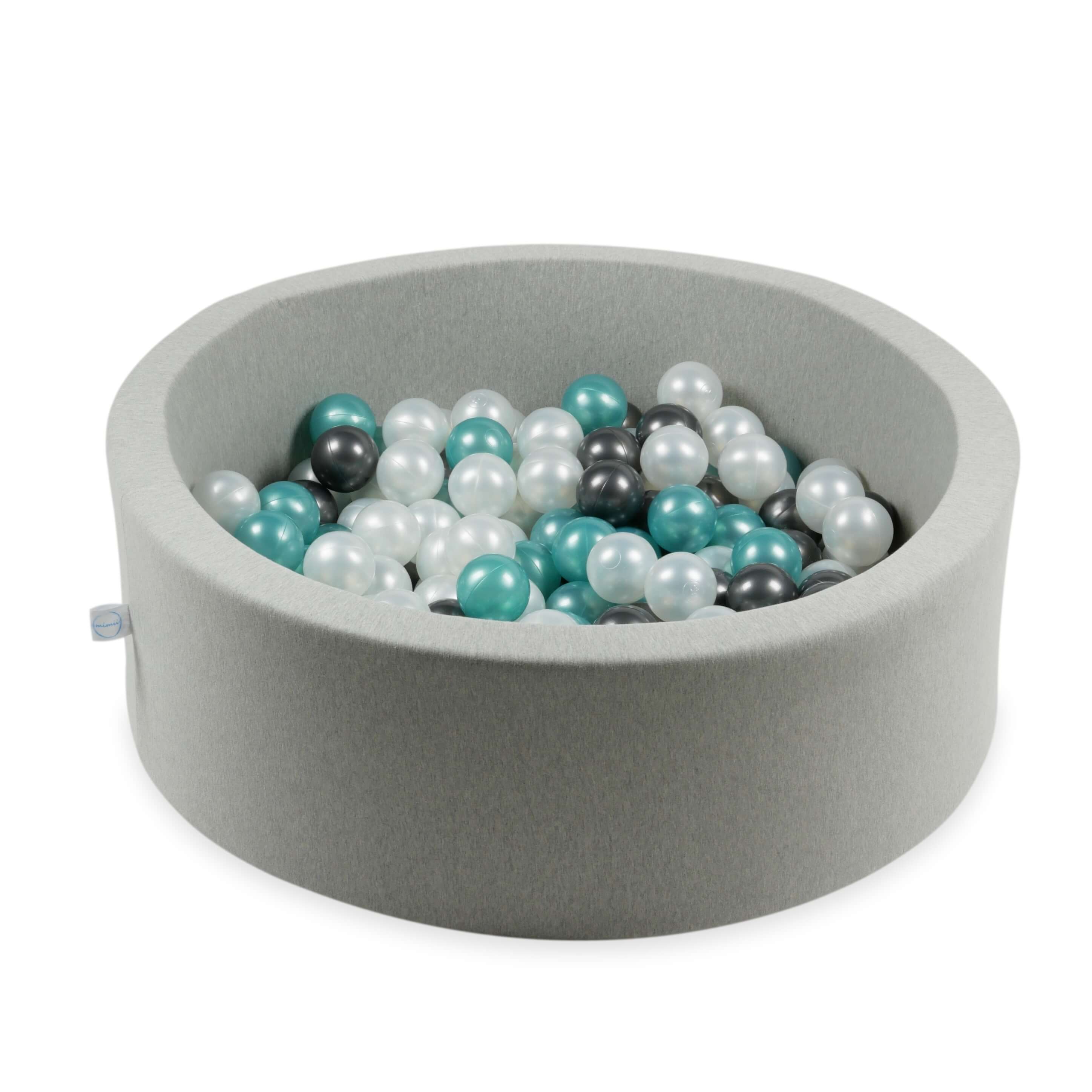Mimii Bällebad-Bälle Ø 7 cm – 150 Stück – Perlmutt, Türkis-Metallic, Graphit-Metallic