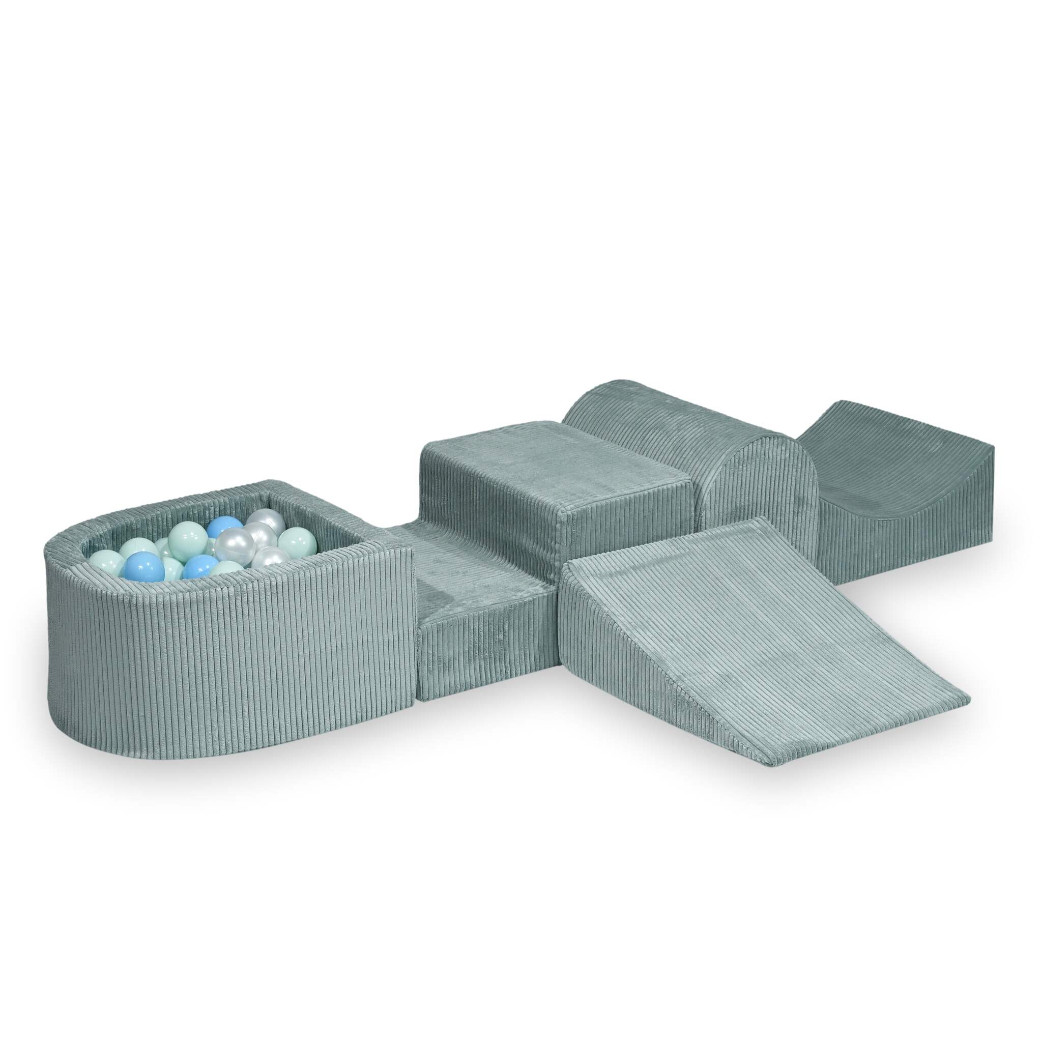 Foam playground with hill and micro corduroy light mint pool + 100 balls