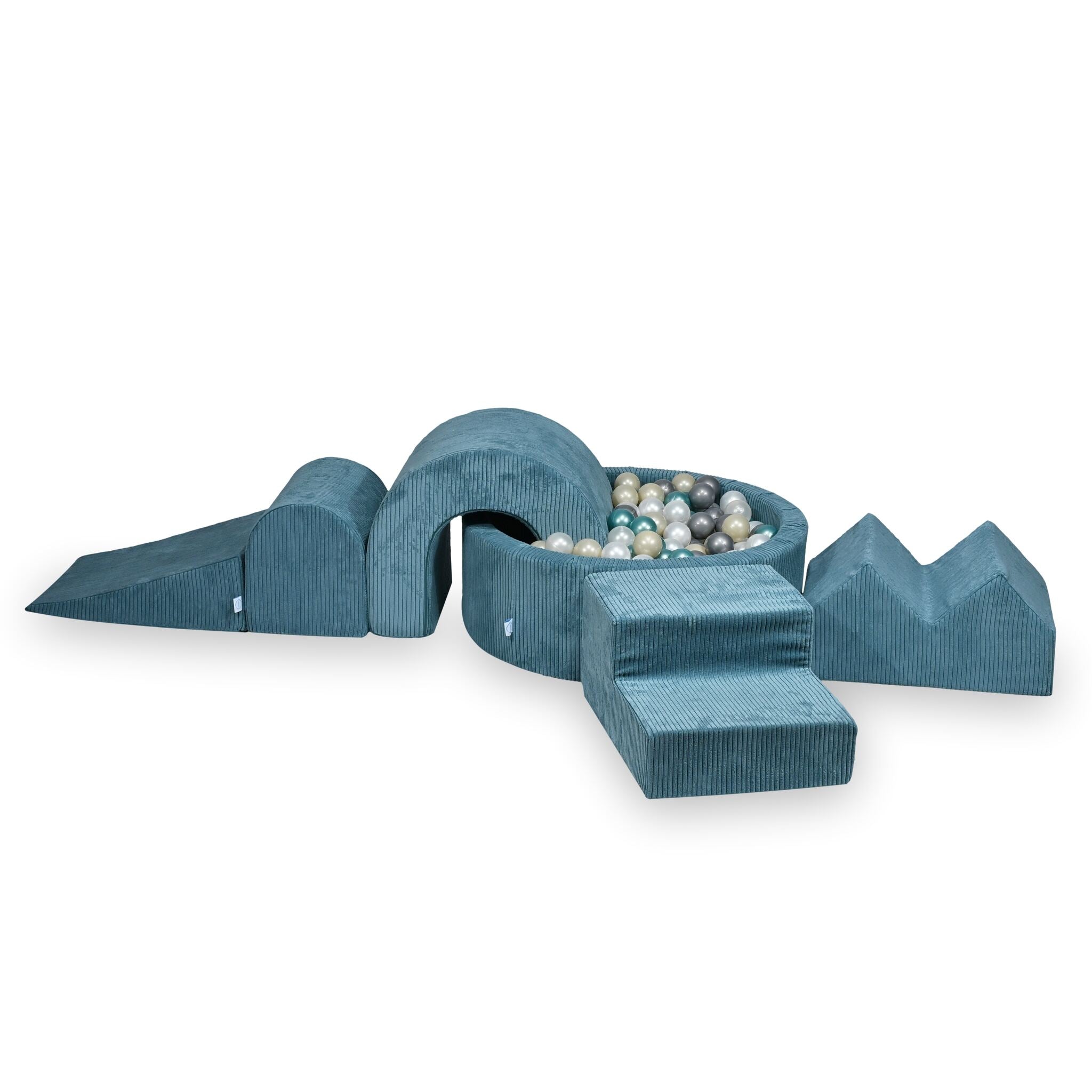 Foam play area with round pool 90x30 ribbed blue + 5 elements + 200 balls