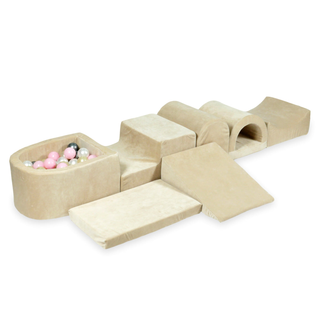 Largest foam play area with beige soft micro velvet ball pit + 100 balls