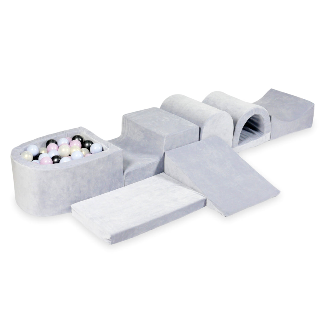 Largest foam play area with light gray soft micro velvet ball pit + 100 balls