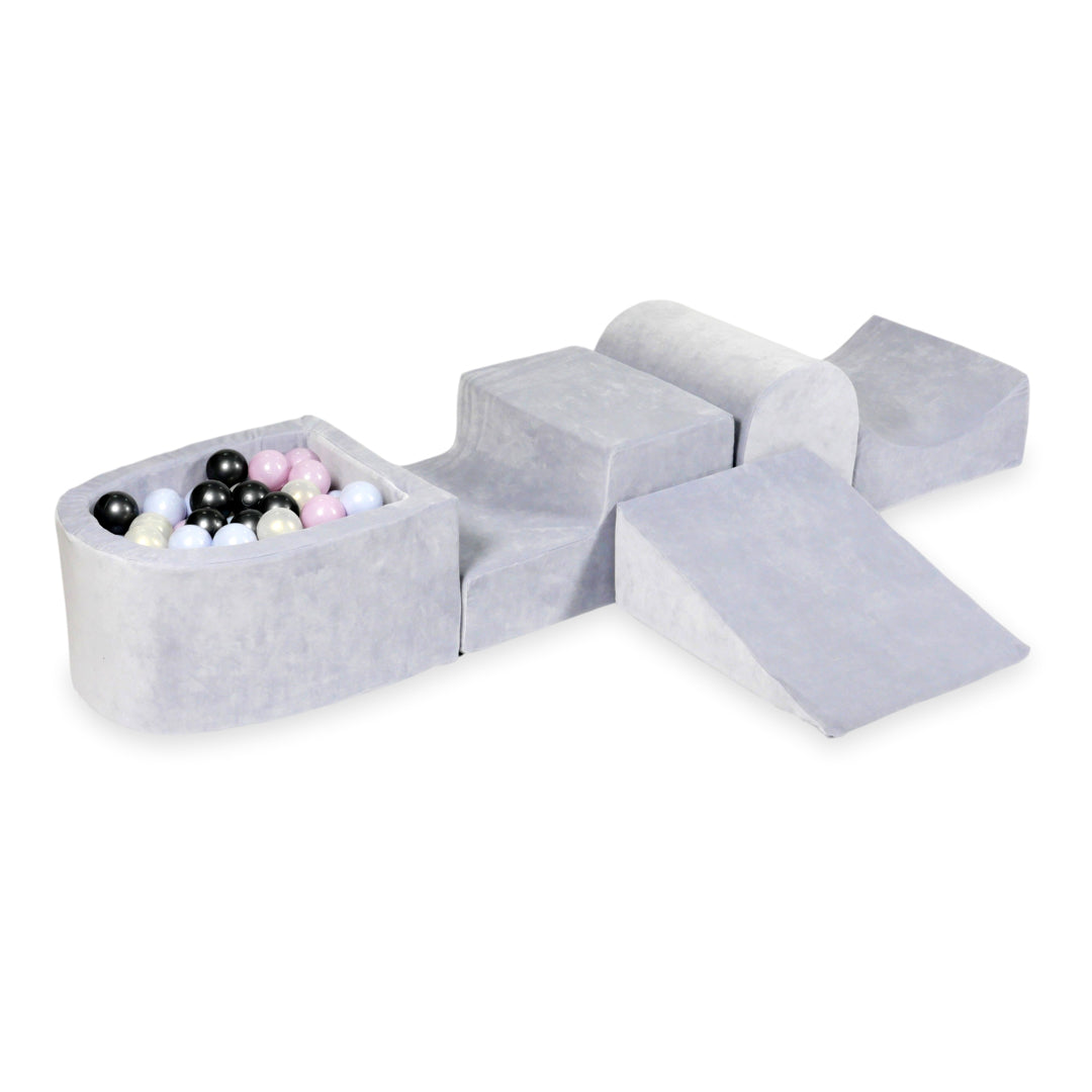 Foam Play Area with Hill and Micro Velvet Soft Light Gray Ball Pit + 100 balls