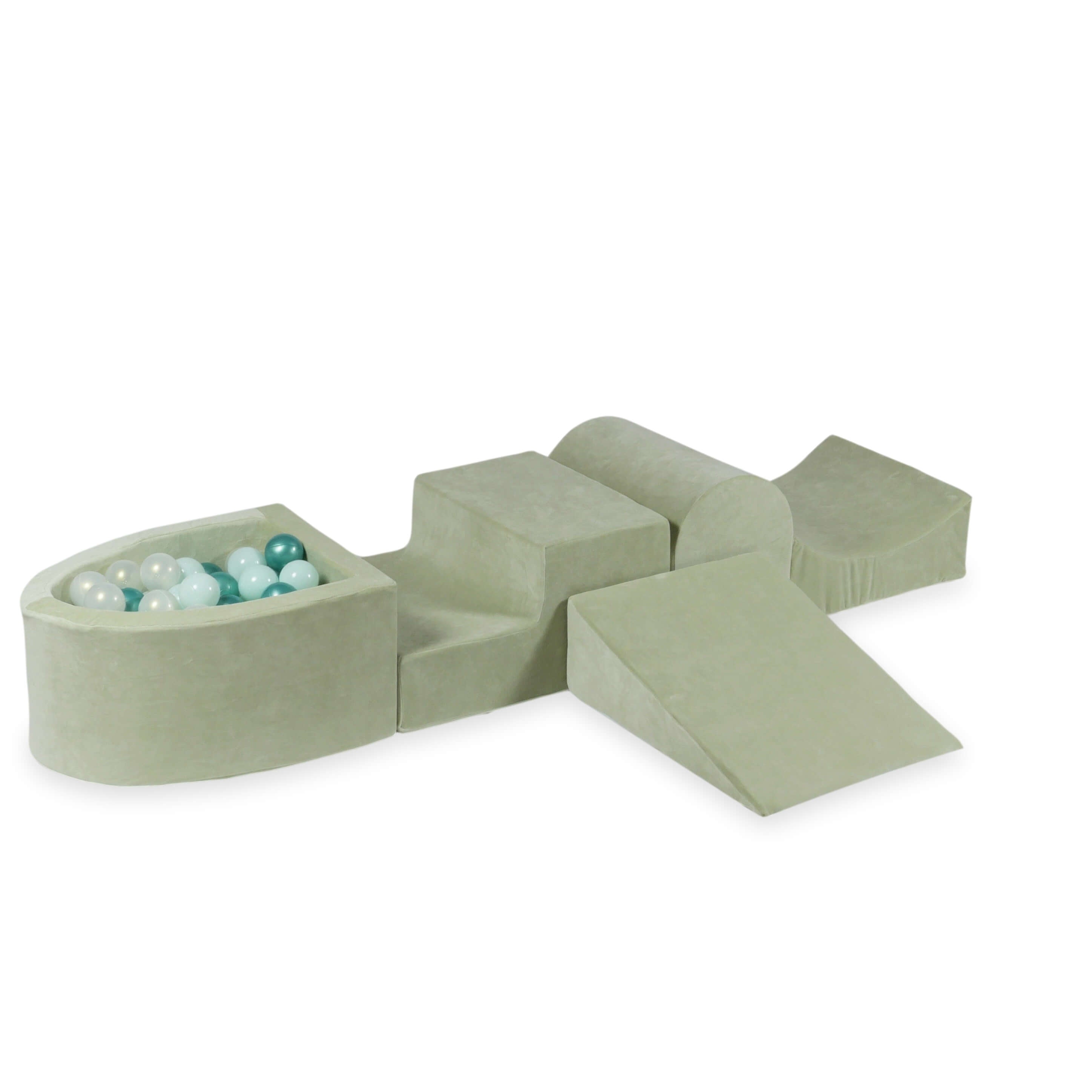 Foam play area with hill and micro velvet soft pistachio pool + 100 balls