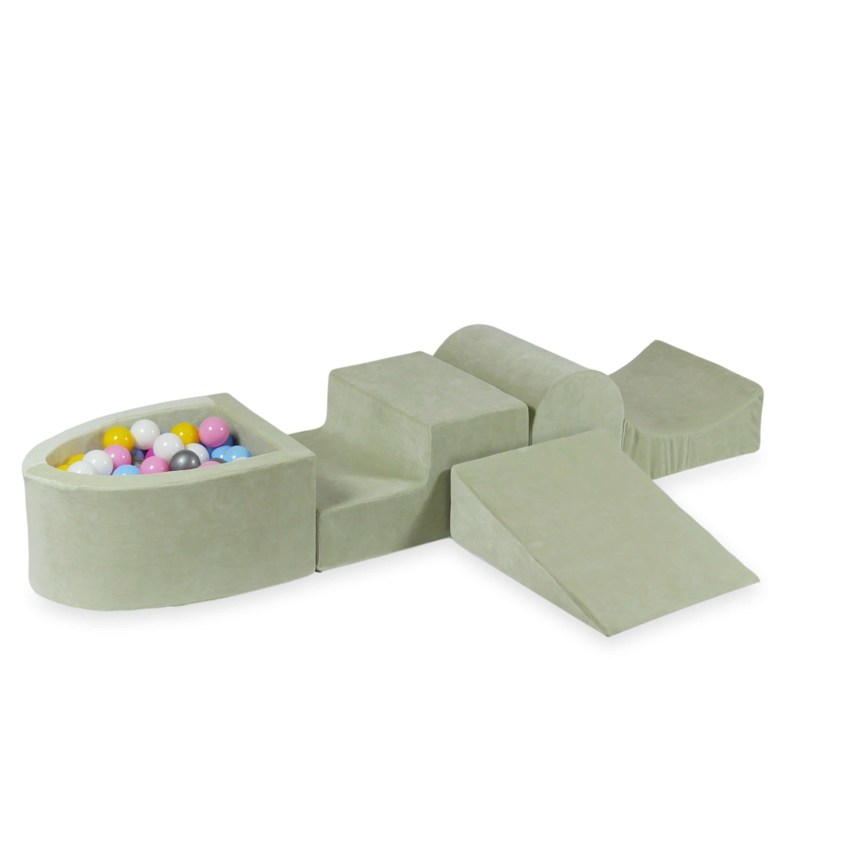 Foam play area with hill and micro velvet soft pistachio pool + 100 balls