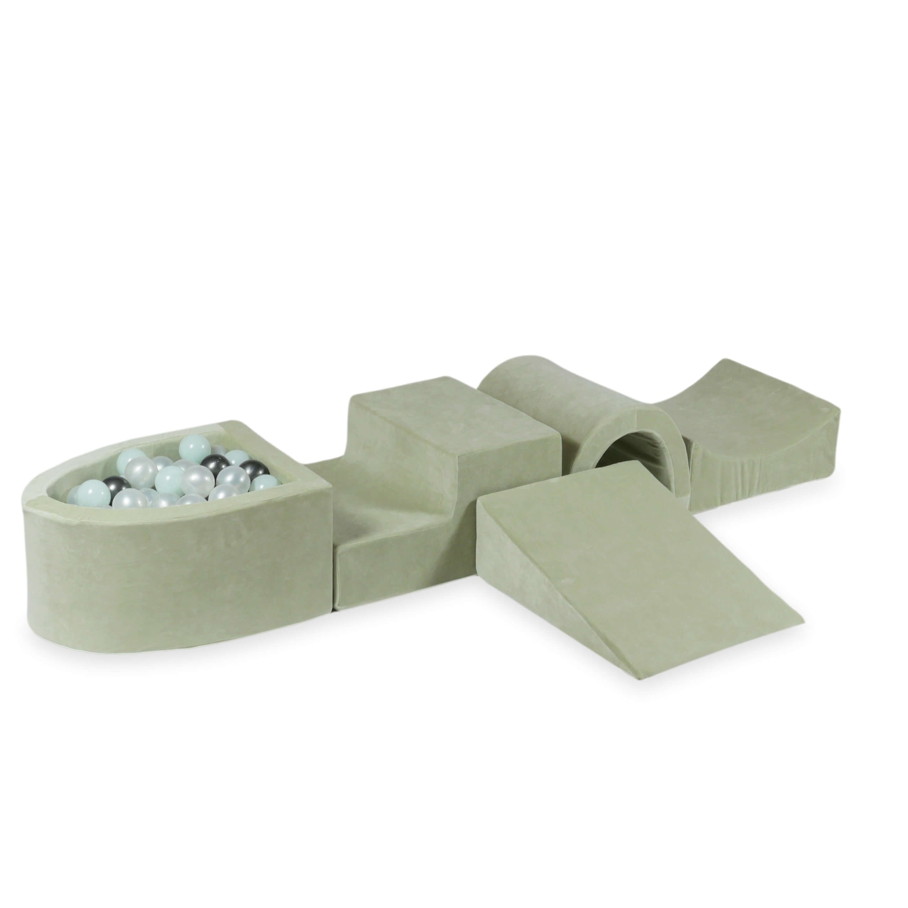 Foam play area with bridge and micro velvet soft pistachio pool + 100 balls
