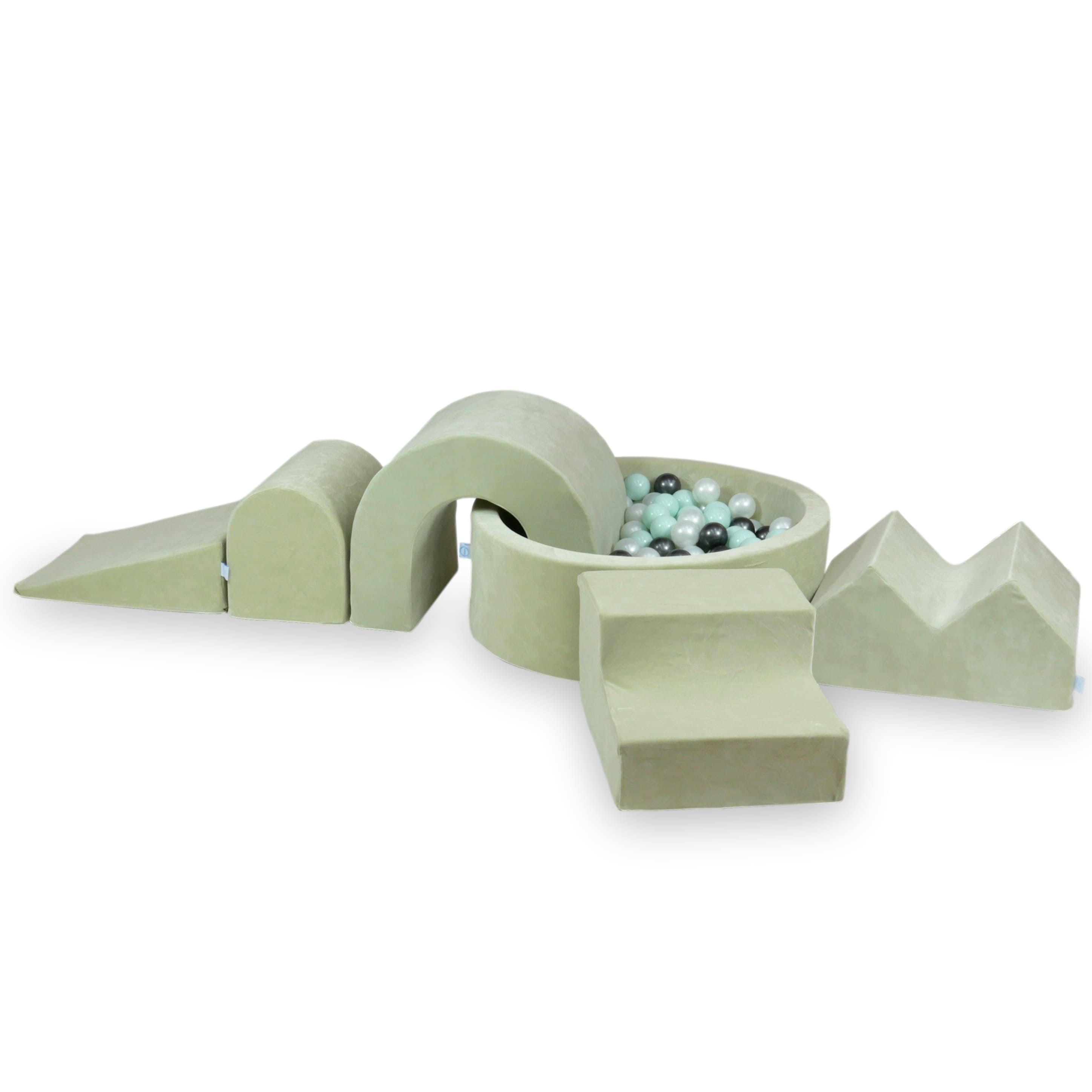 Foam play area with round pool 90x30 velvet soft pistachio + 5 elements + 200 balls
