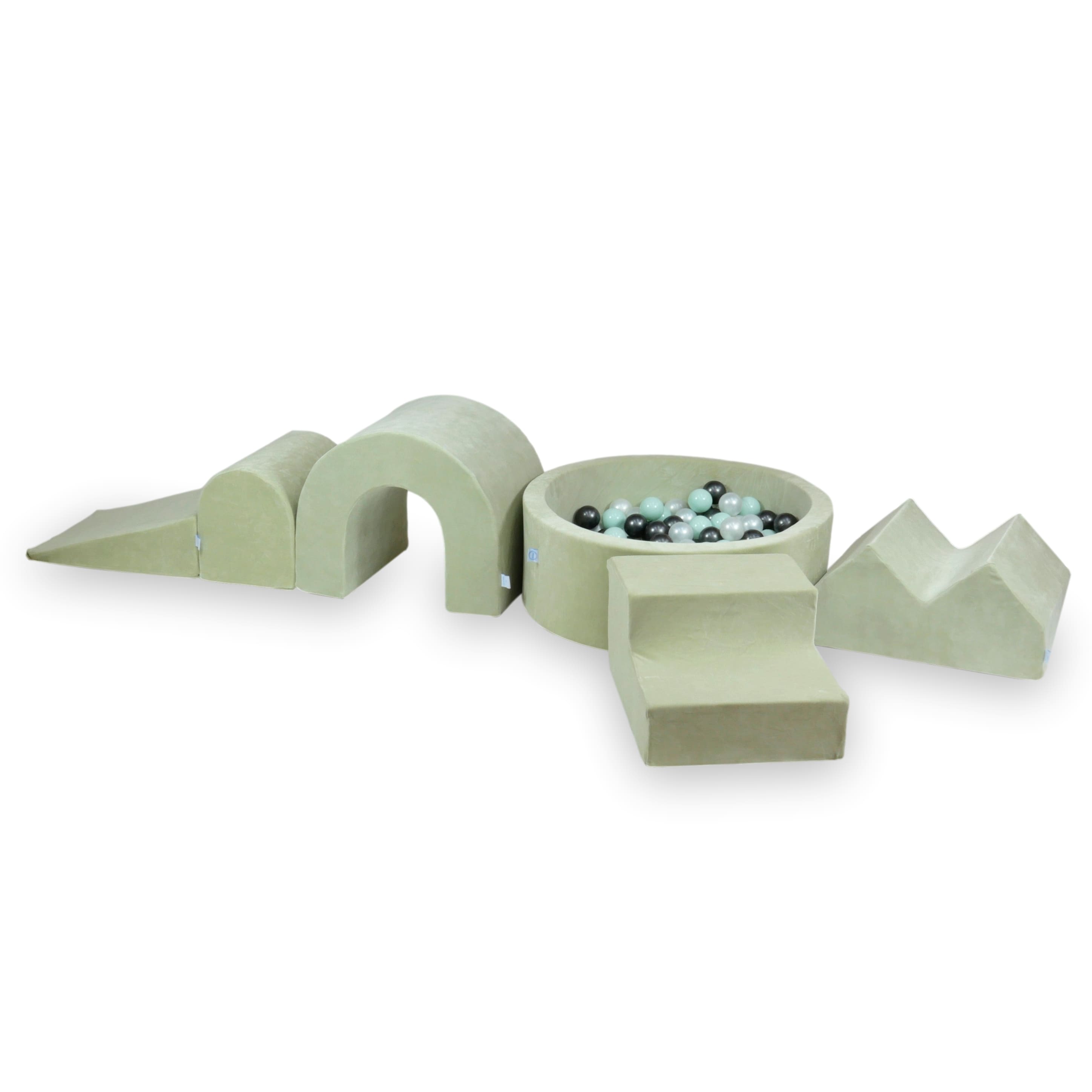 Piankowy plac zabaw z okrągłym basenem 90x30 velvet soft pistachio + 5 elementów + 200 piłek