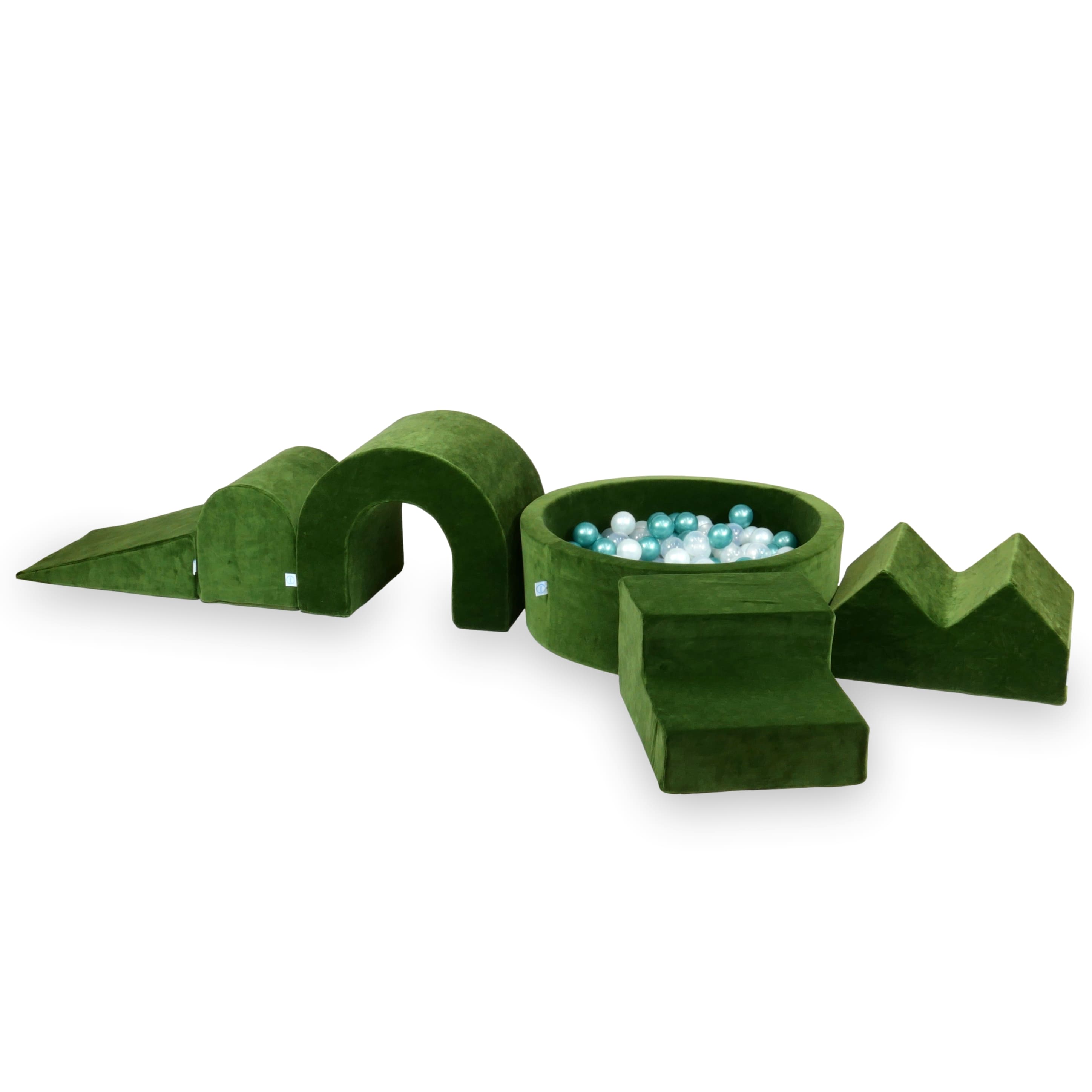 Foam play area with round pool 90x30 velvet soft olive + 5 elements + 200 balls