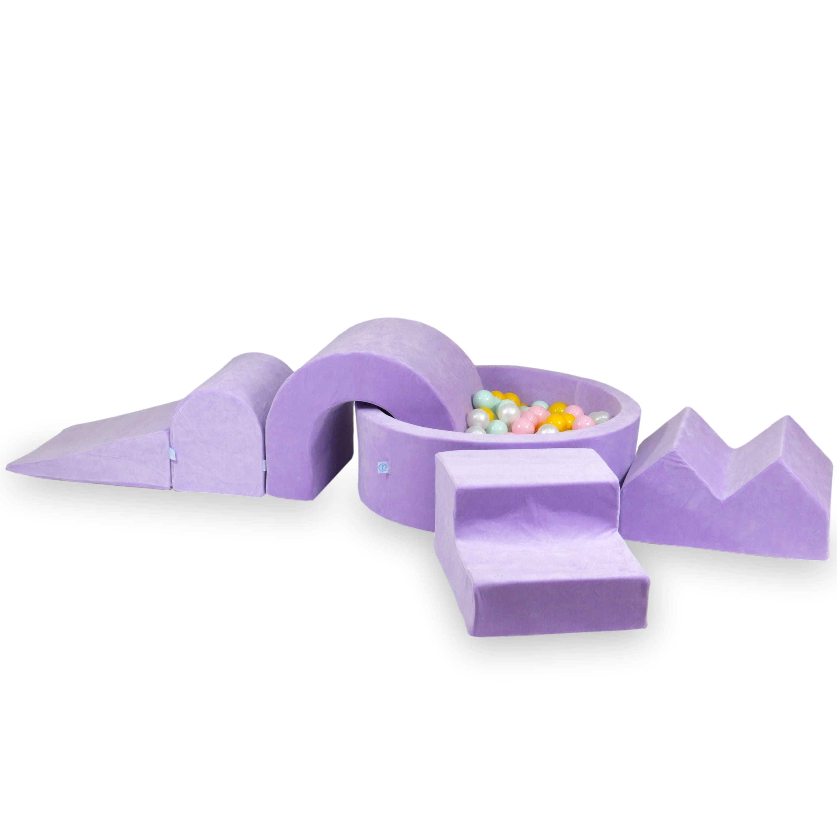 Foam play area with round pool 90x30 lilac + 5 elements + 200 balls