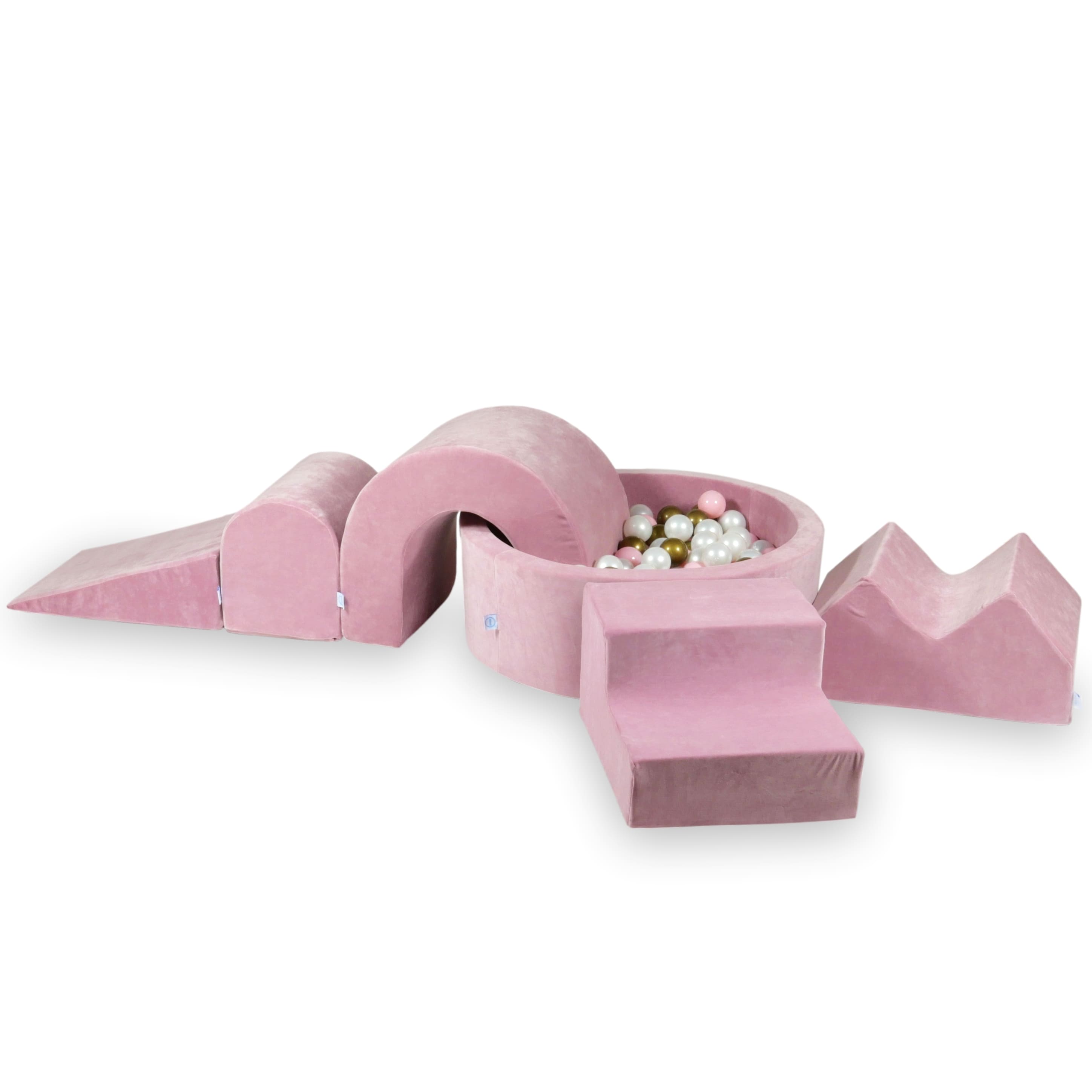 Foam play area with round pool 90x30 velvet soft rose + 5 elements + 200 balls