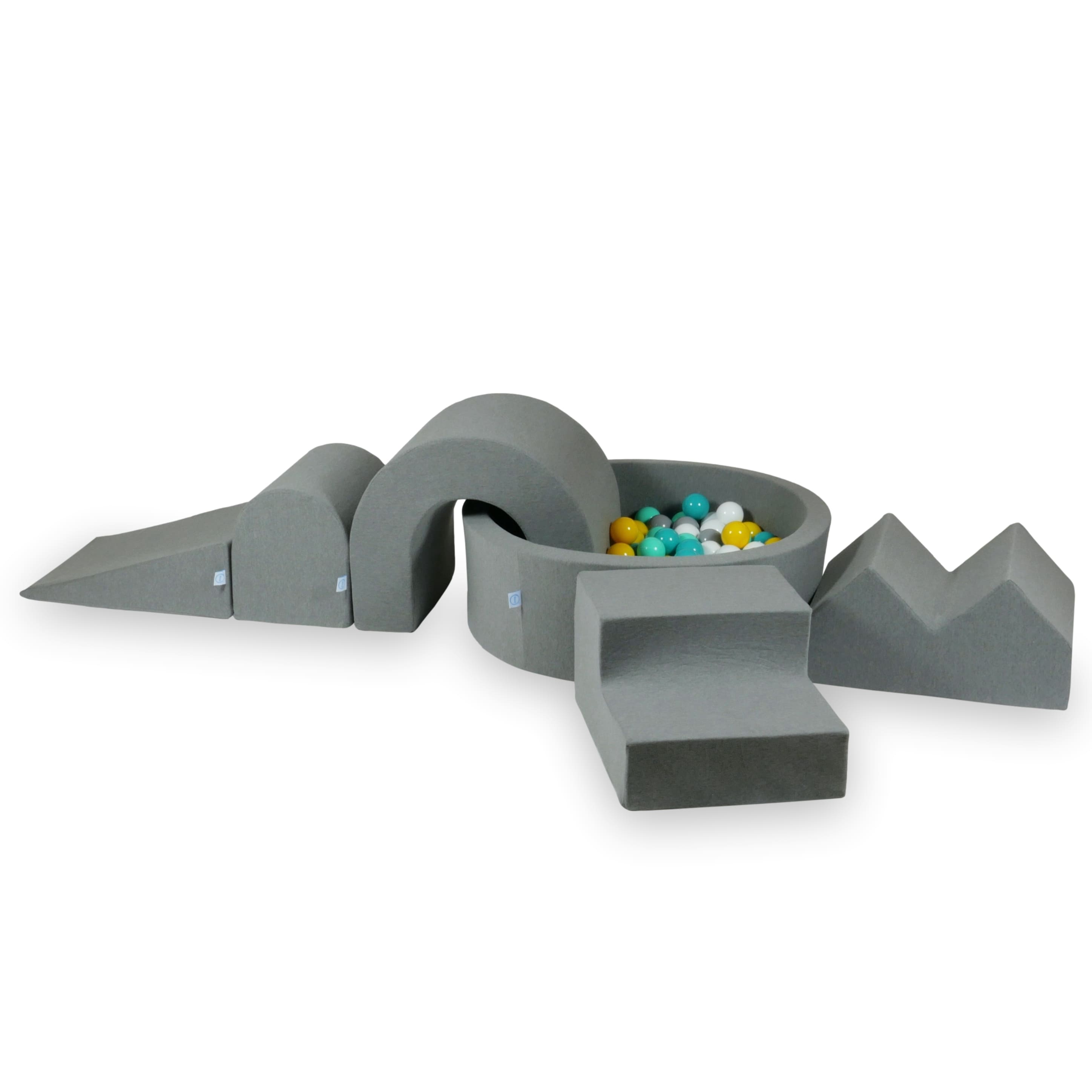 Foam play area with round pool 90x30 gray + 5 elements + 200 balls