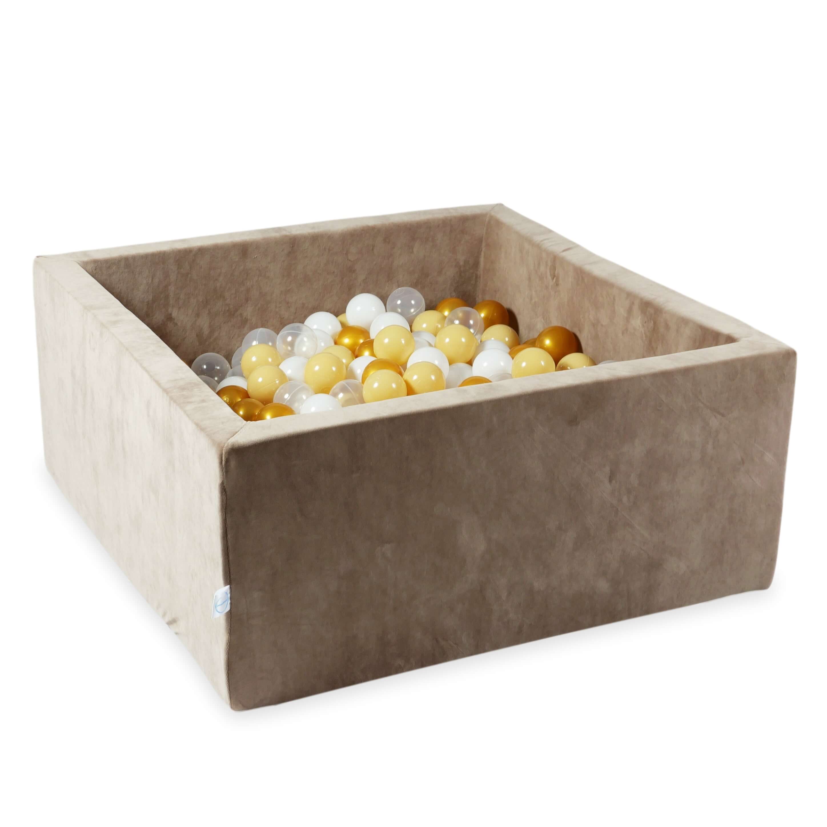 Square ball pit 90x90x40 cm in soft Brown velvet, 400 balls