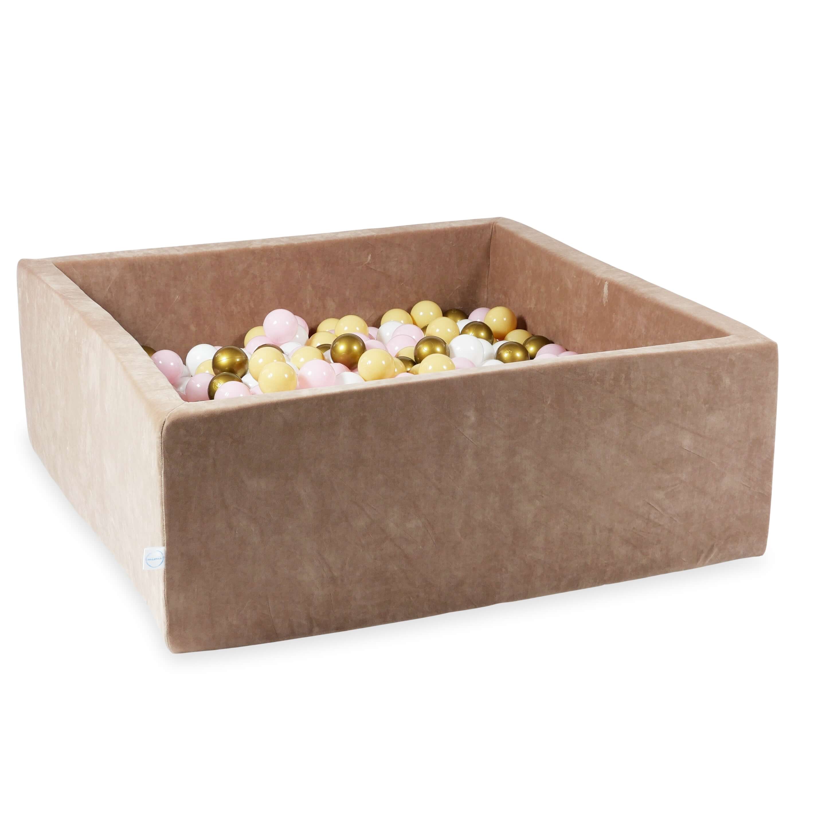 Square ball pit 110x110x40 cm in brown soft velvet, 600 balls