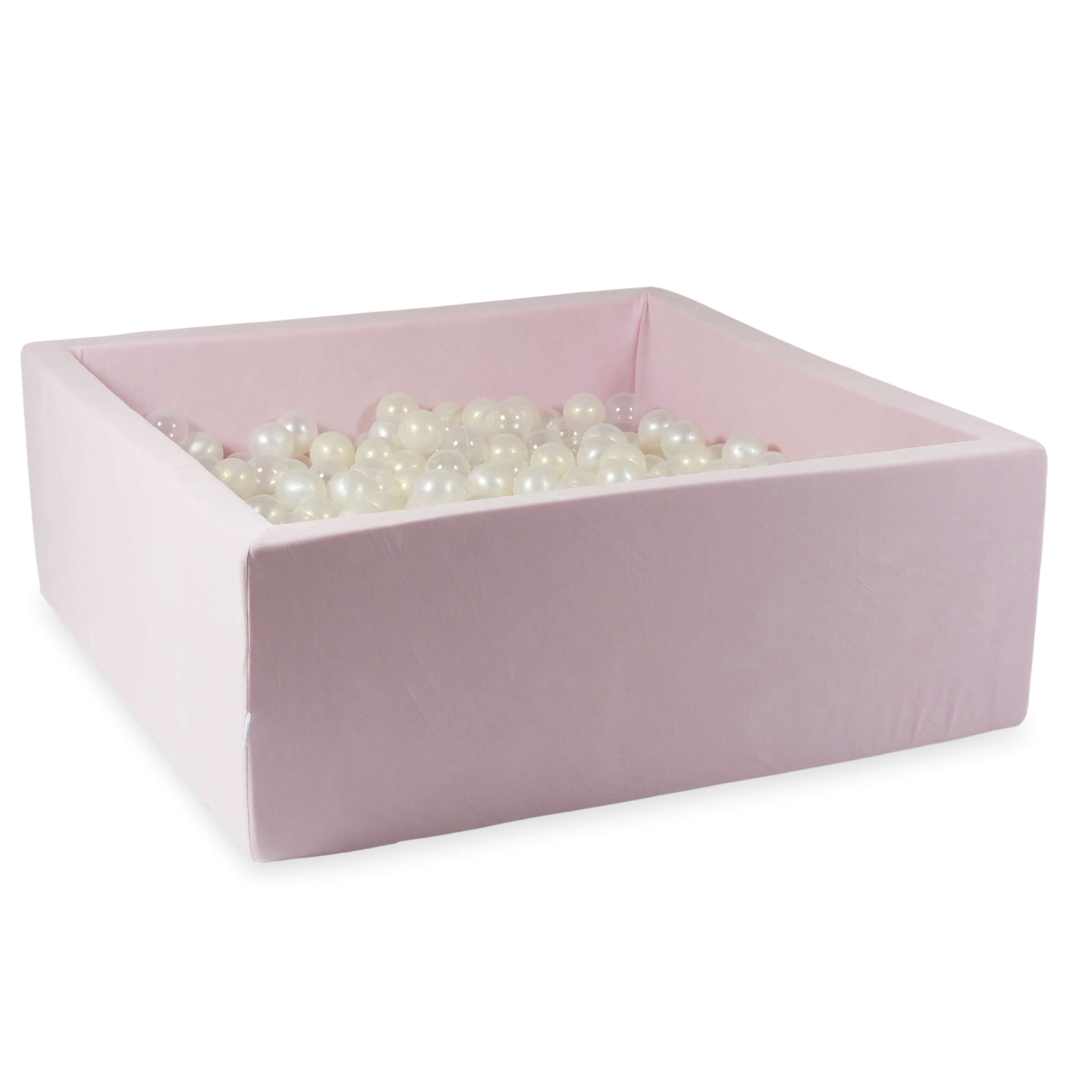 Square ball pit 110x110x40 cm in light pink soft velvet, 600 balls