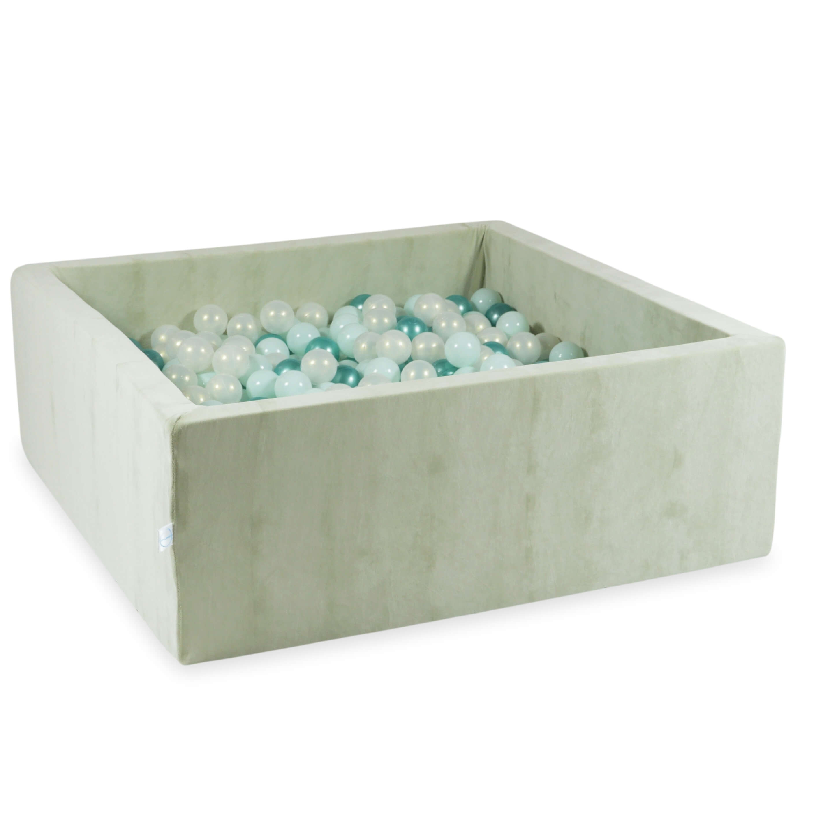 Square ball pit 110x110x40 cm in pistachio soft velvet, 600 balls