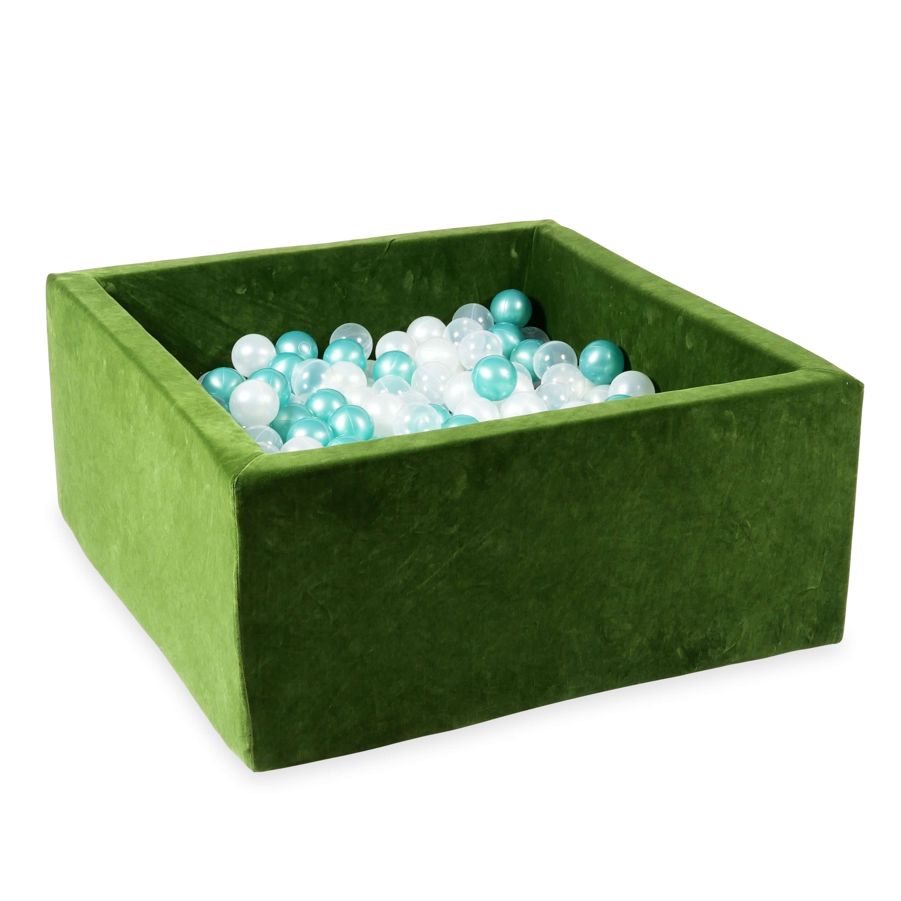 Square ball pit 90x90x40 cm in velvet soft Olive, 400 balls