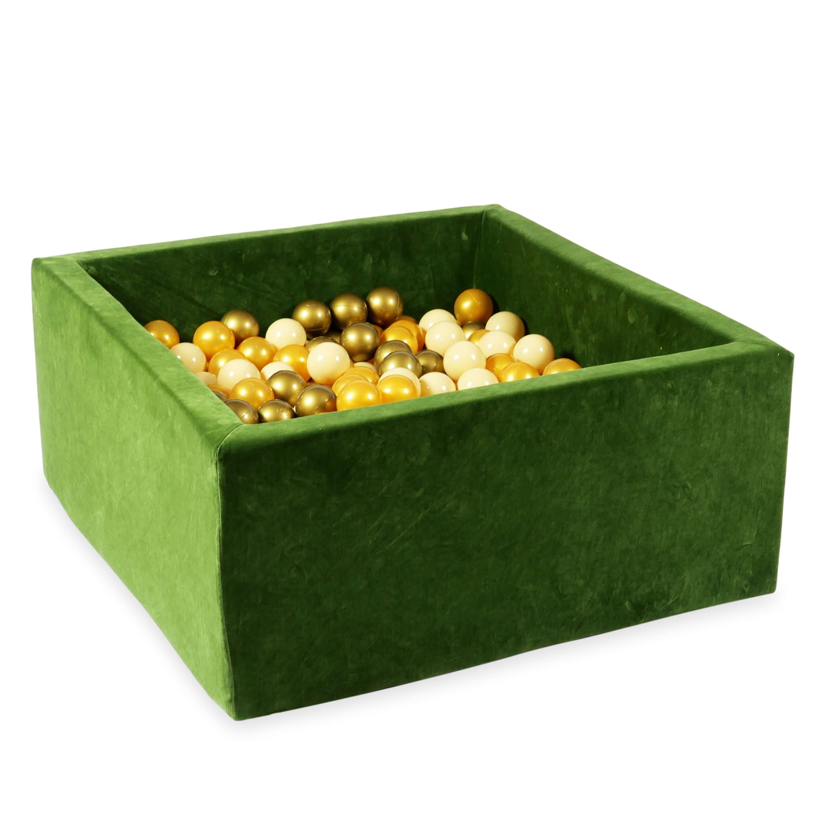 Square ball pit 90x90x40 cm in velvet soft Olive, 400 balls