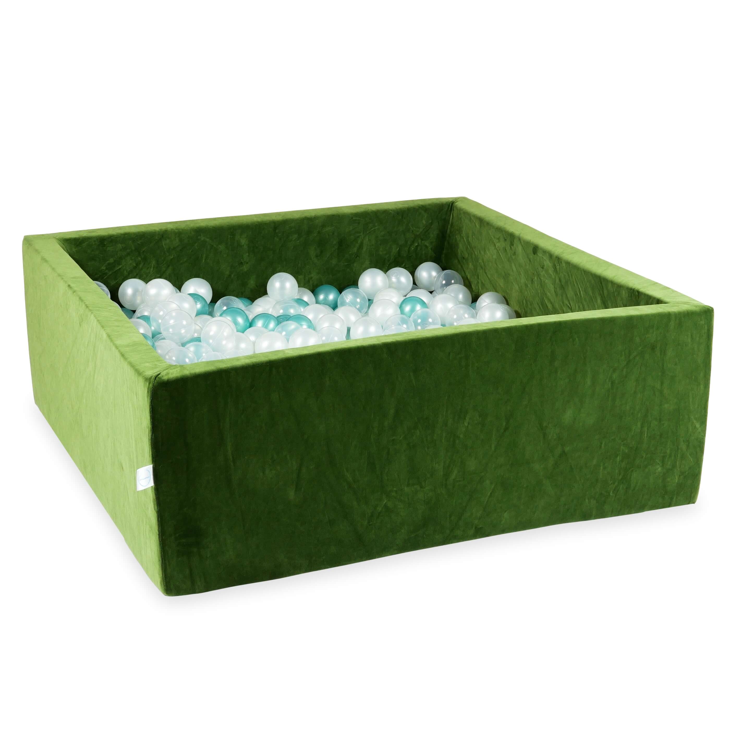 Square ball pit 110x110x40 cm in olive soft velvet, 600 balls
