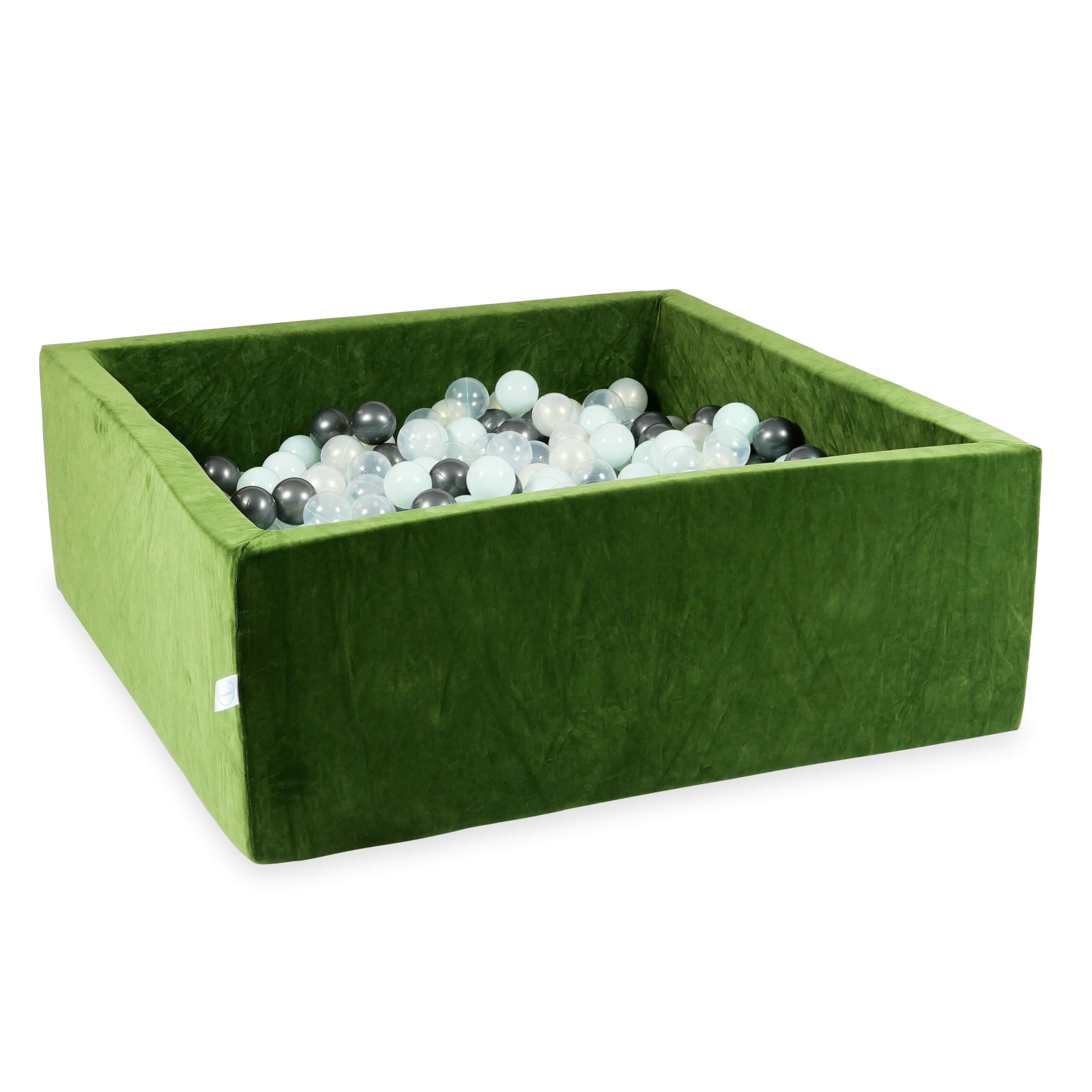 Square ball pit 110x110x40 cm in olive soft velvet, 600 balls