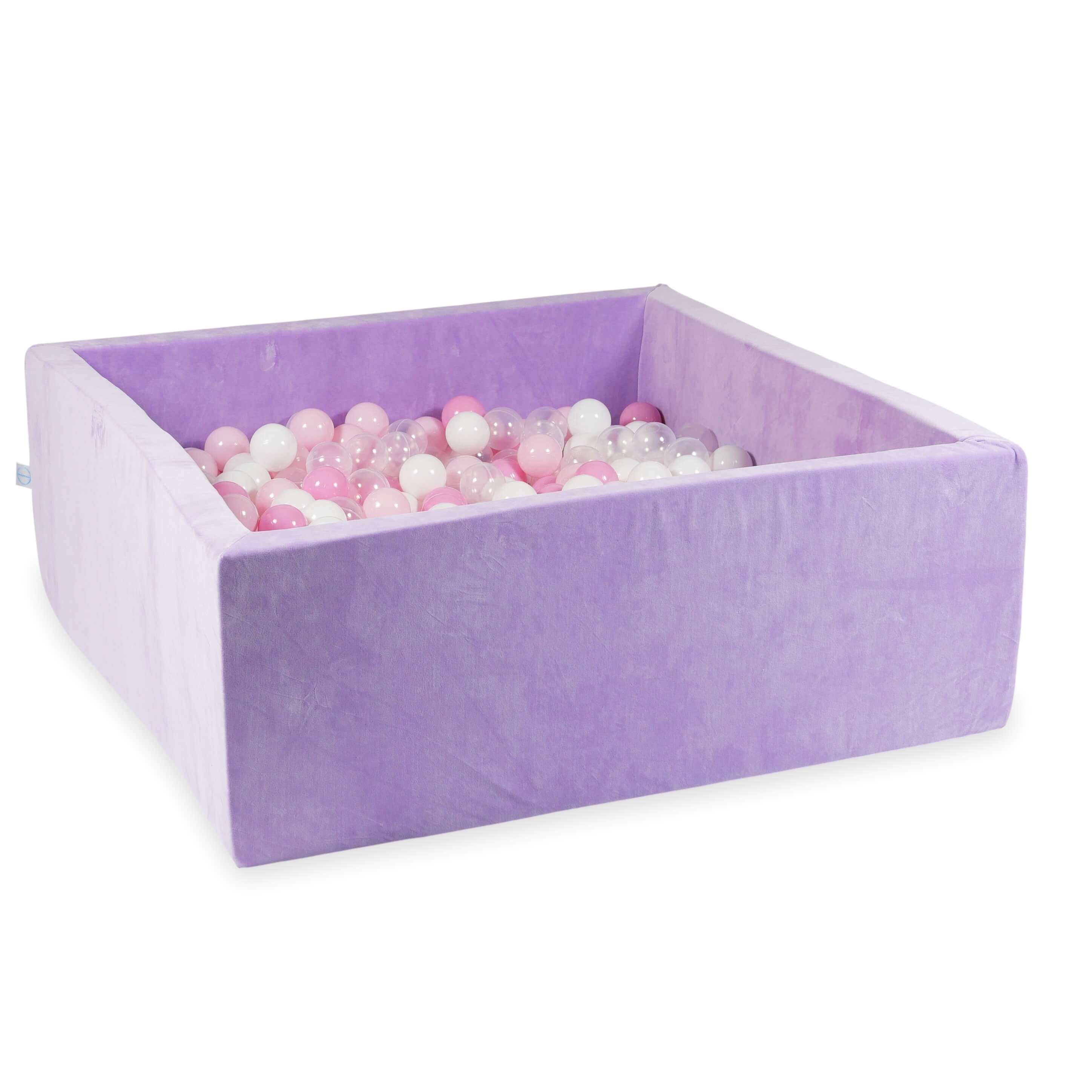 Square ball pit 110x110x40 cm in lilac soft velvet, 600 balls