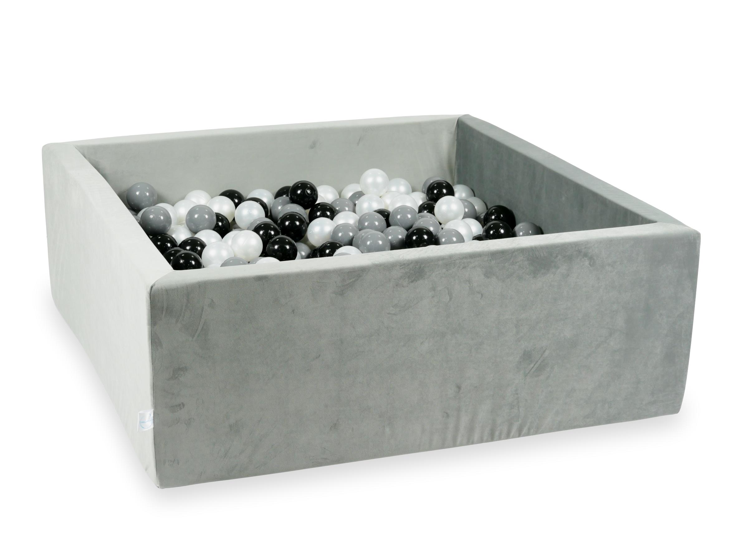 Square ball pit 110x110x40 cm in gray velvet velvet, 600 balls