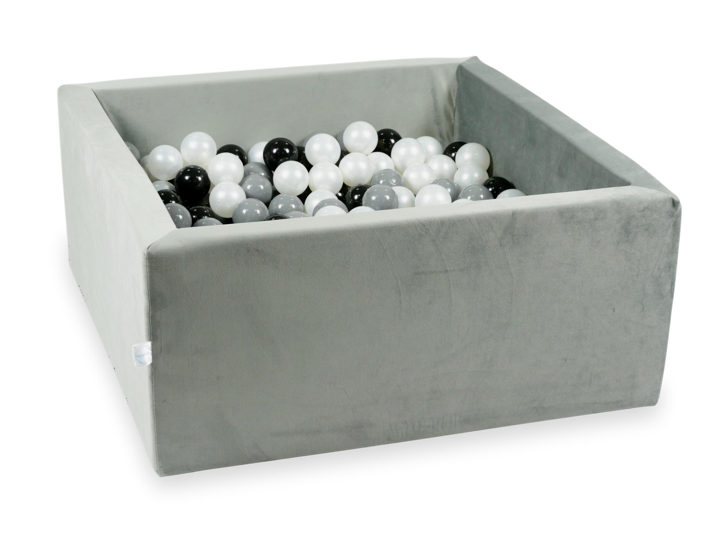 Square ball pit 90x90x40 cm in gray velvet velvet, 400 balls