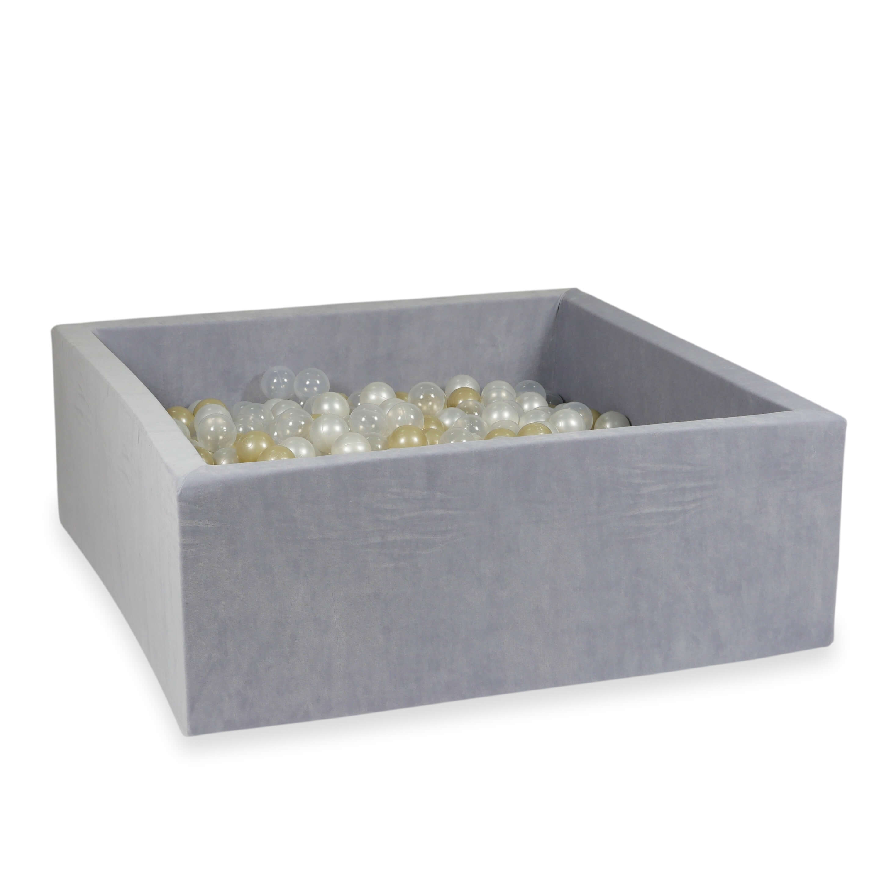 Square ball pit 110x110x40 cm in light gray soft velvet, 600 balls