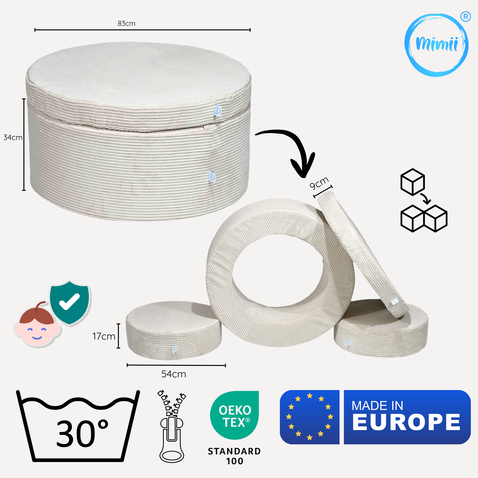 Donut Pouf Modularer 4-teiliger Spielpouf aus Cord