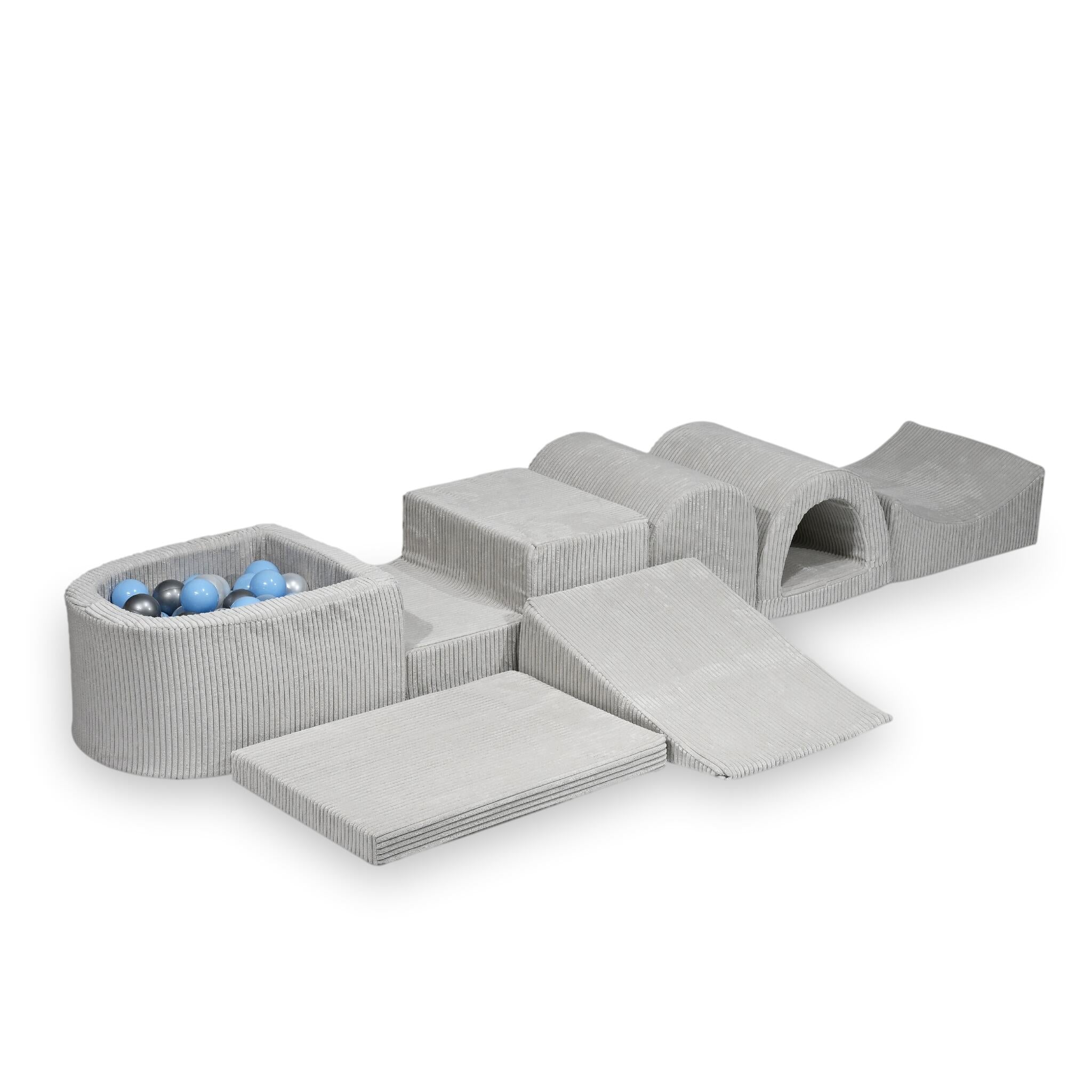 Largest foam play area with gray micro corduroy ball pit + 100 balls