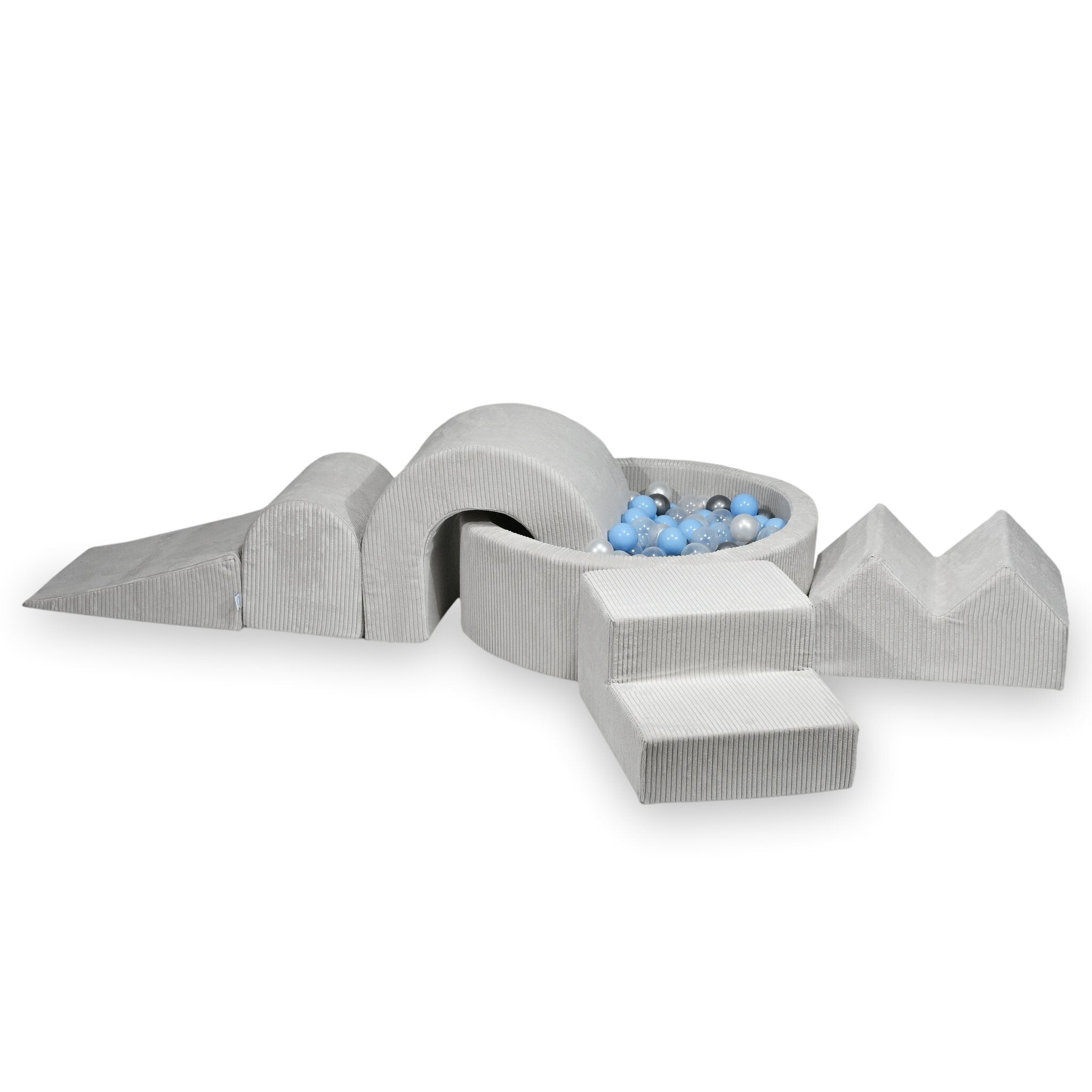 Foam play area with round pool 90x30 ribbed gray + 5 elements + 200 balls