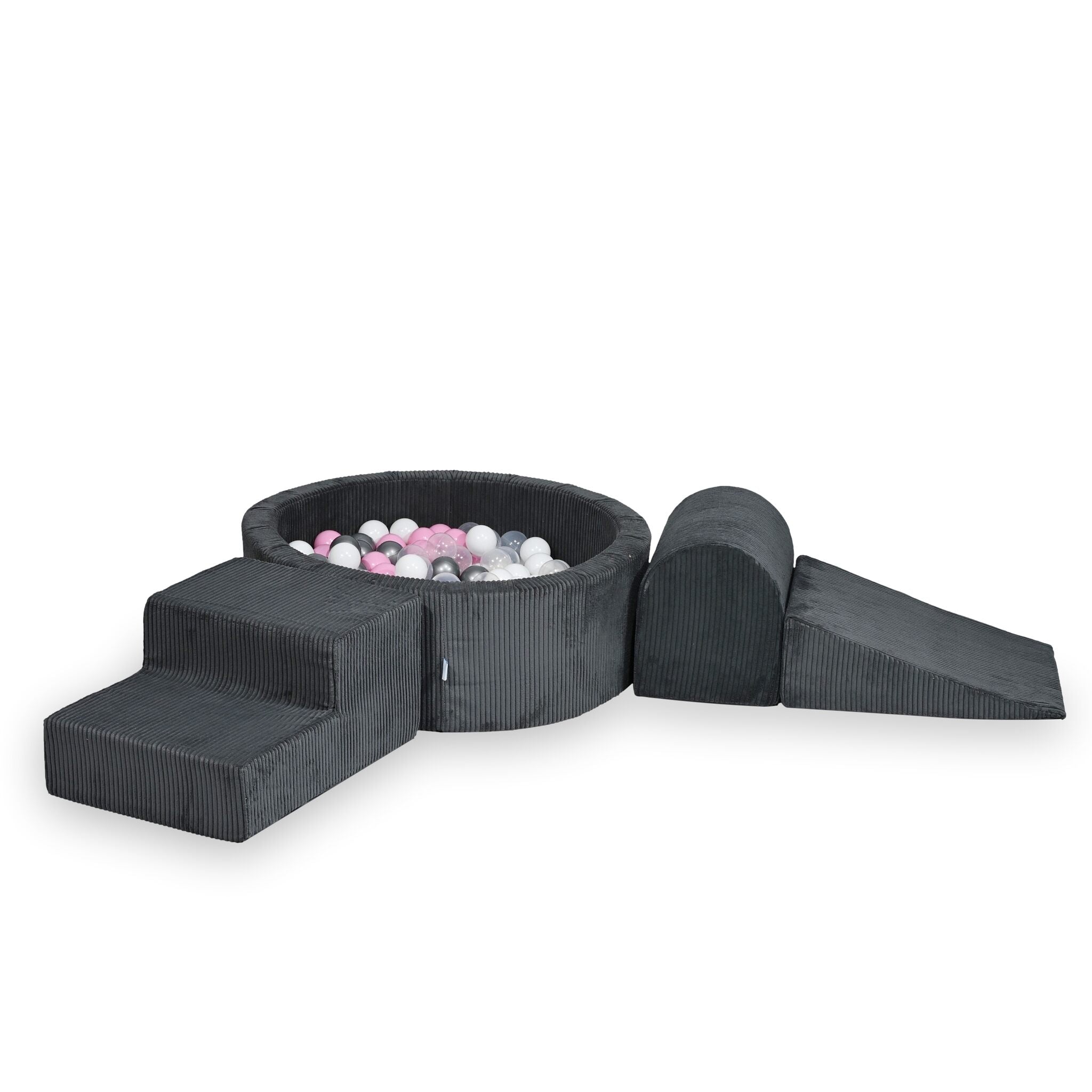 Foam playground with round 90x30 graphite corduroy velvet ball pit + 200 balls