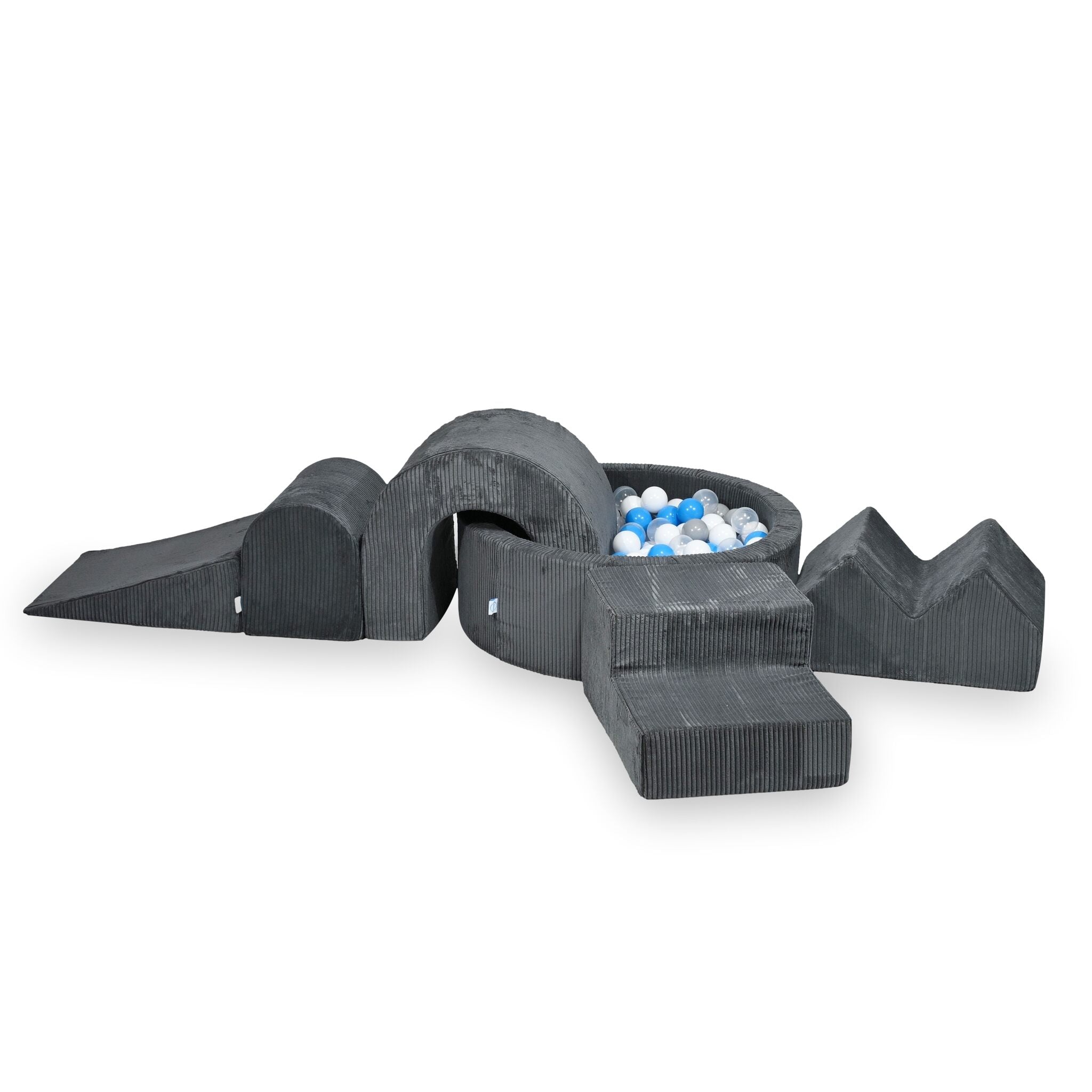Foam play area with round pool 90x30 ribbed graphite + 5 elements + 200 balls