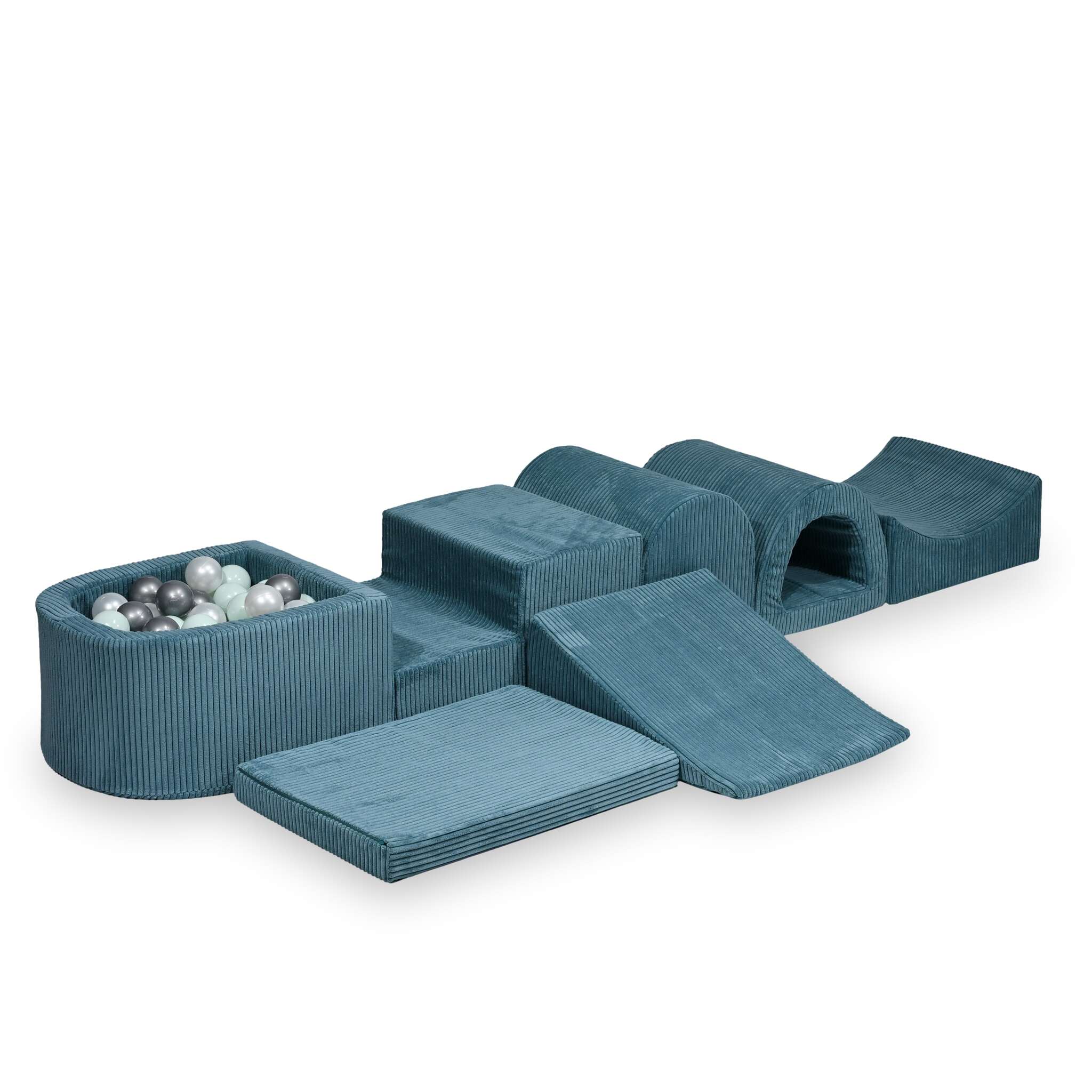 Largest foam play area with blue micro corduroy ball pit + 100 balls