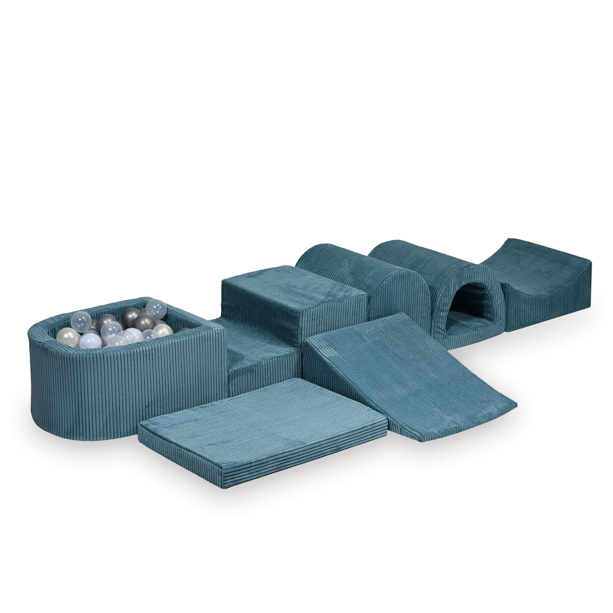 Largest foam play area with blue micro corduroy ball pit + 100 balls