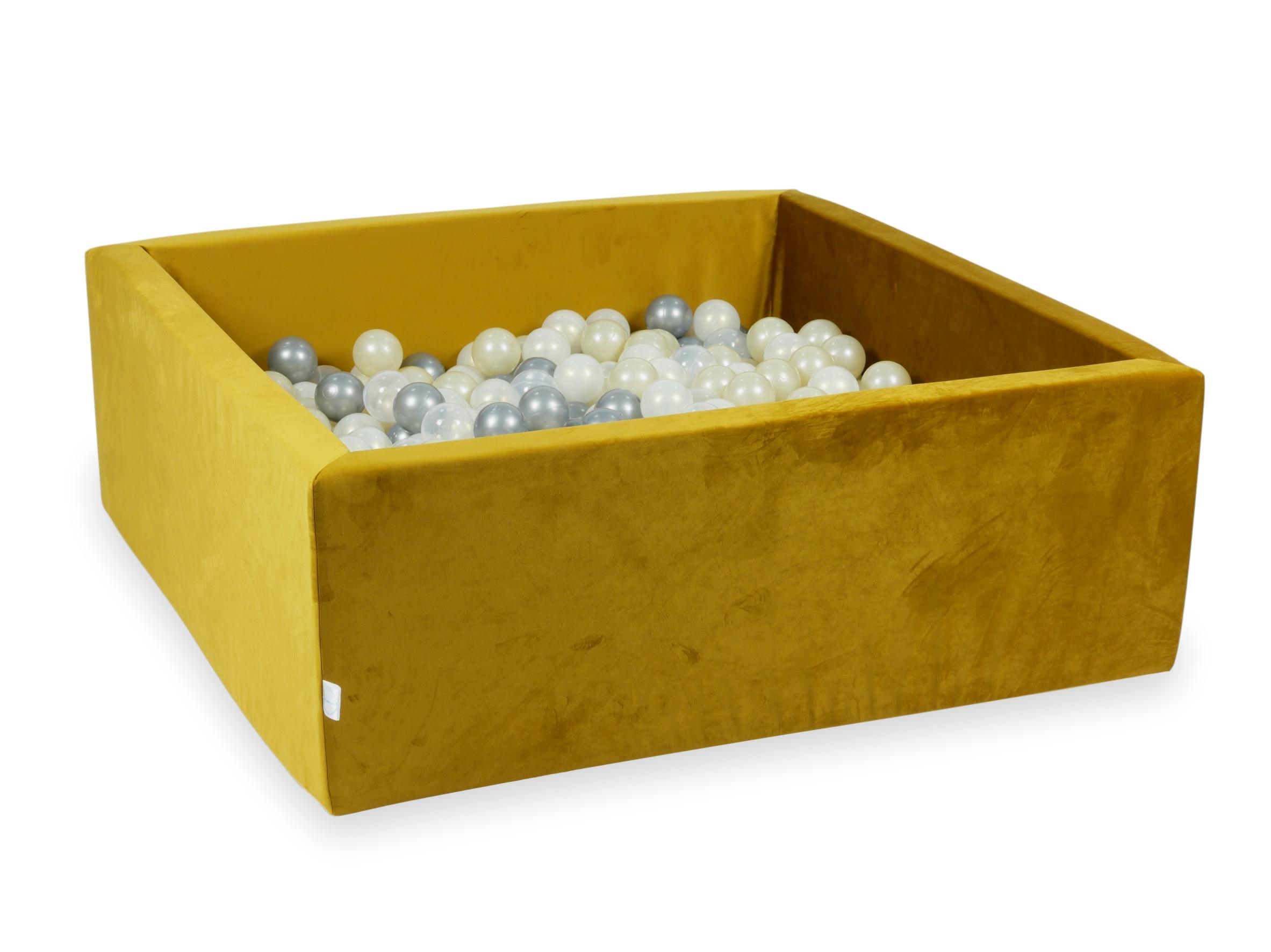 Square ball pit 110x110x40 cm in gold velvet velvet, 600 balls