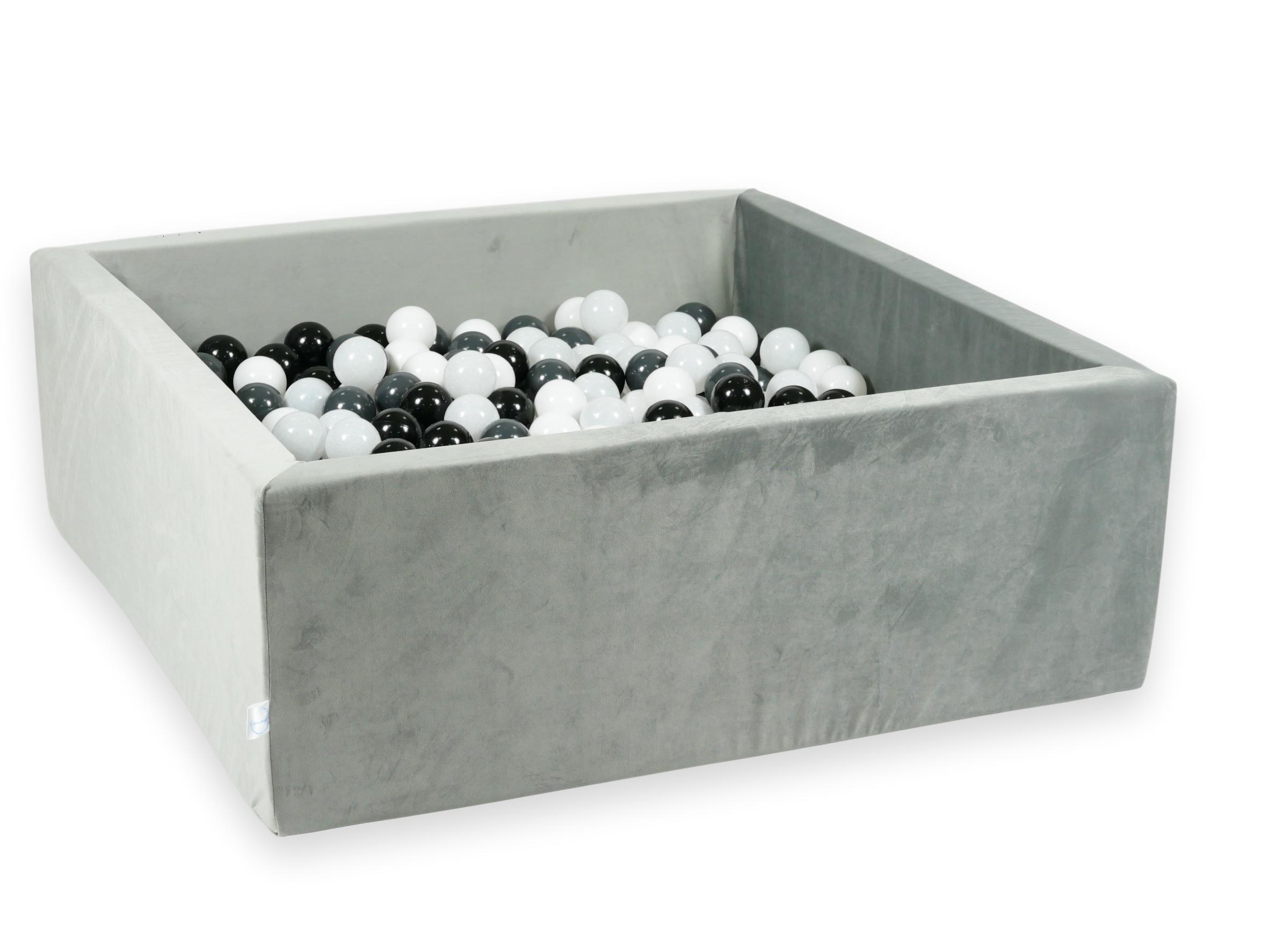 Square ball pit 110x110x40 cm in gray velvet velvet, 600 balls