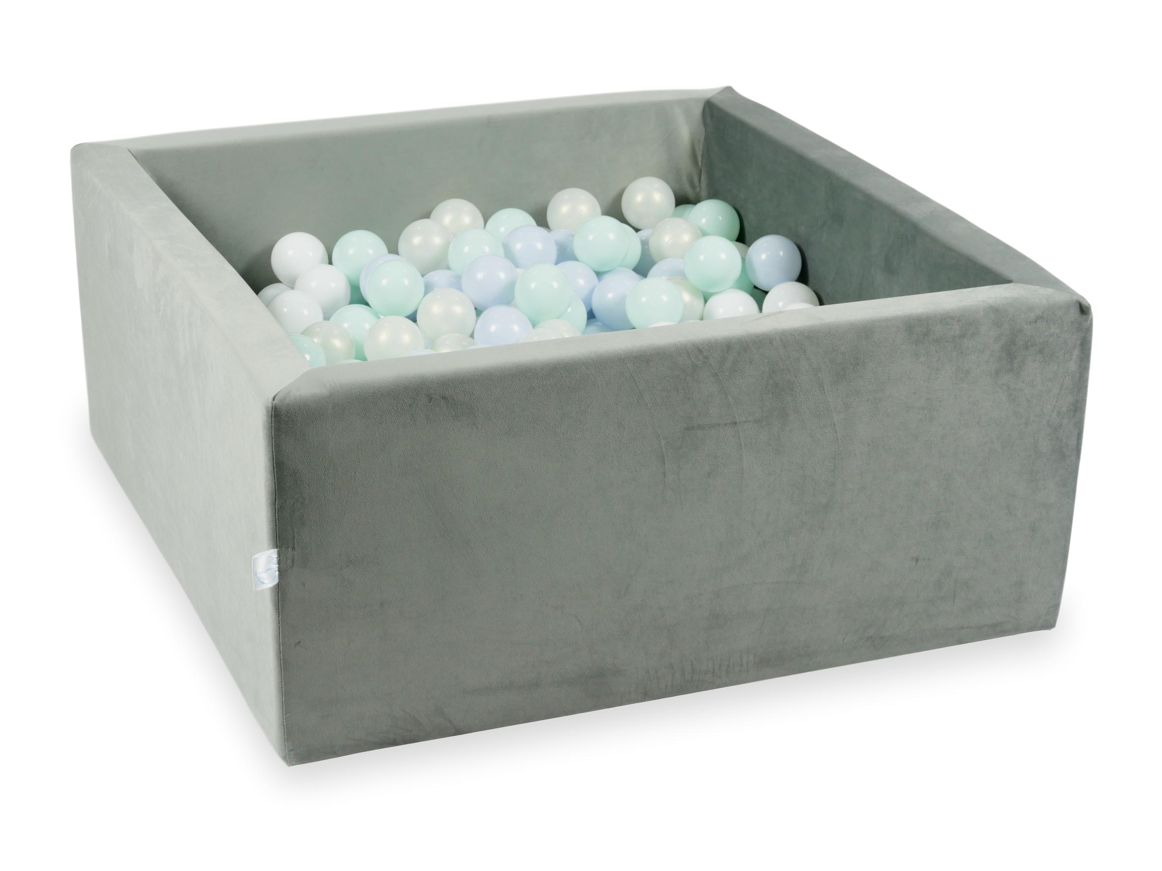 Square ball pit 90x90x40 cm in gray velvet velvet, 400 balls