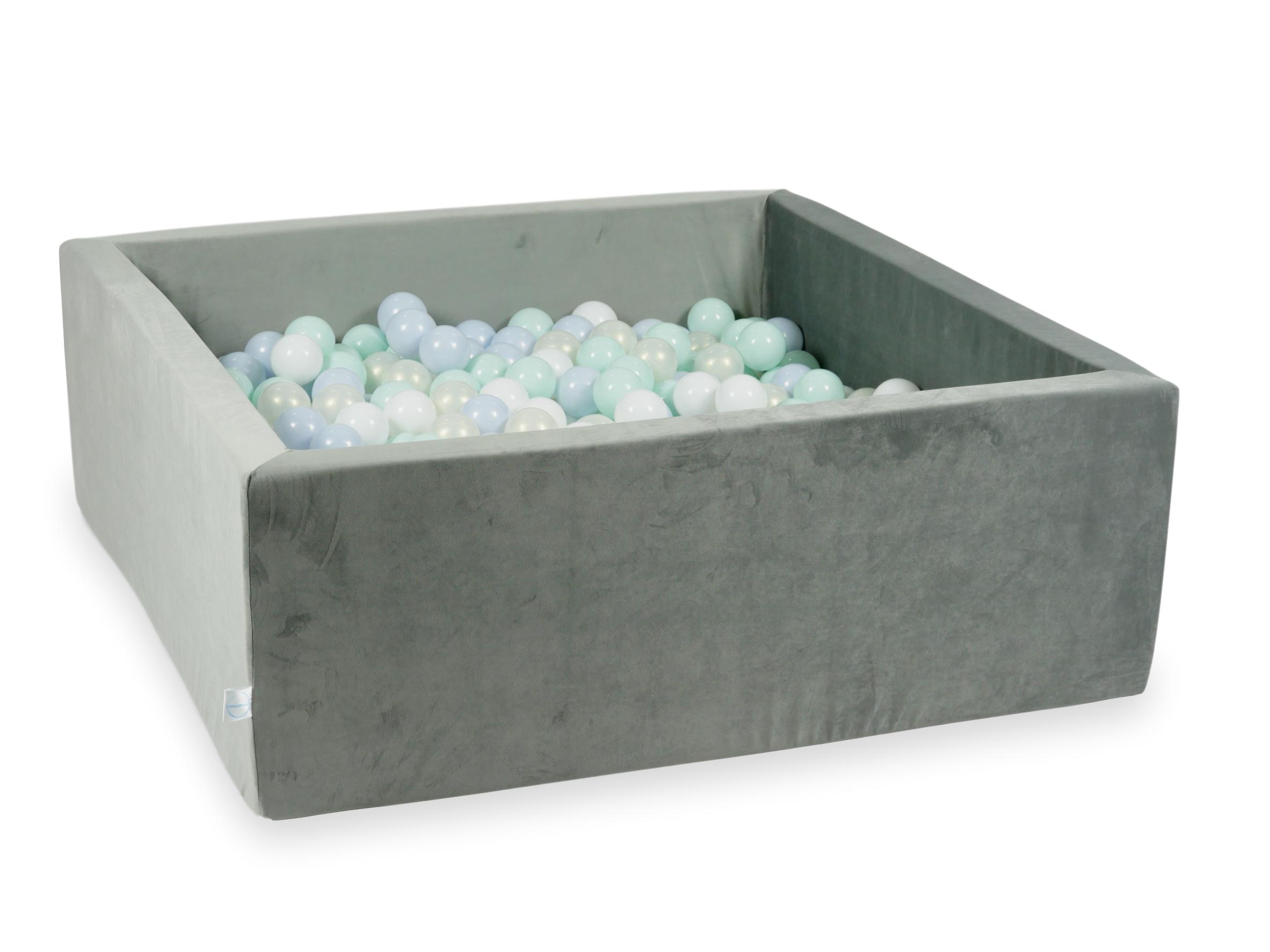 Square ball pit 110x110x40 cm in gray velvet velvet, 600 balls