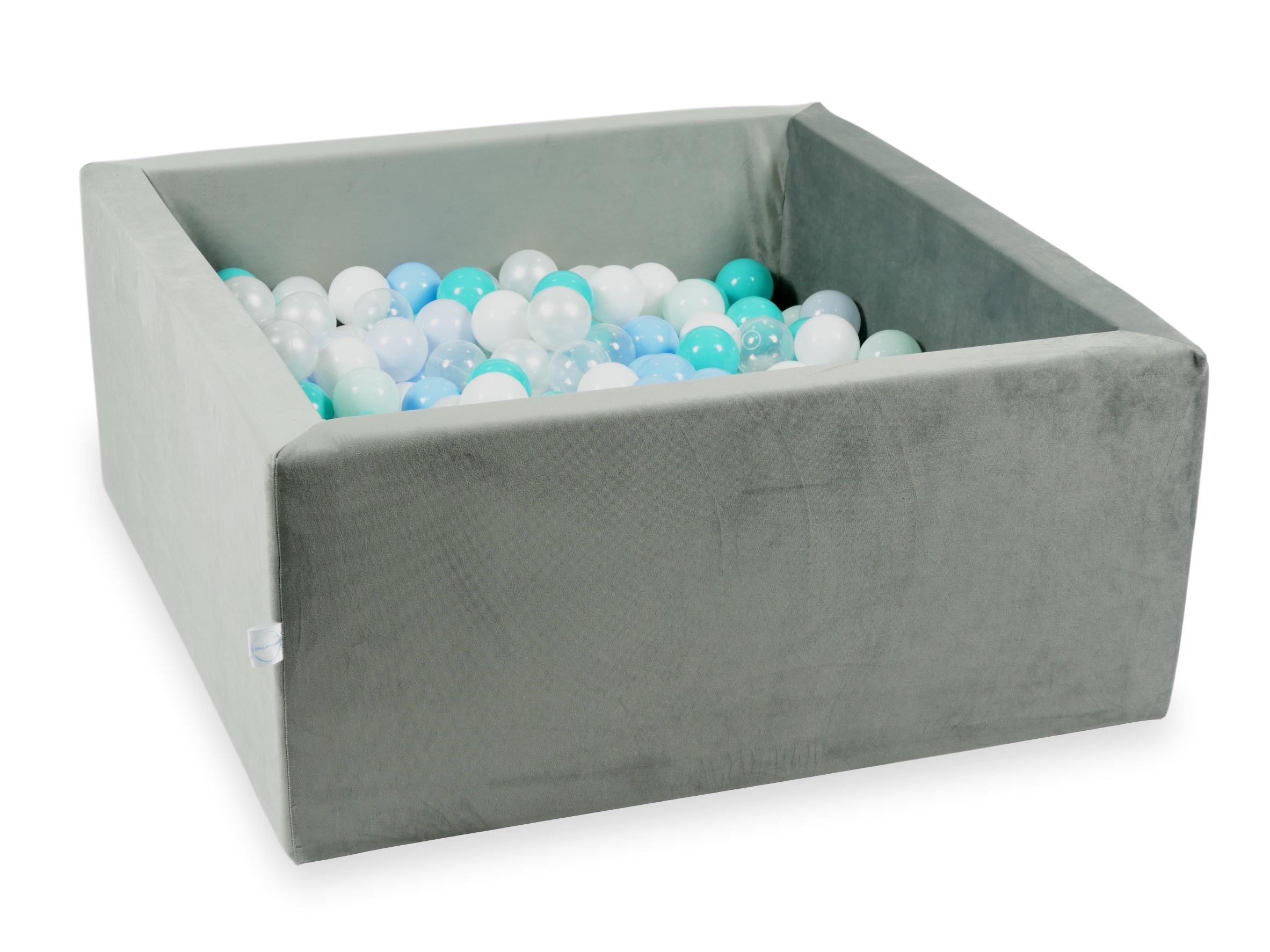 Square ball pit 90x90x40 cm in gray velvet velvet, 400 balls
