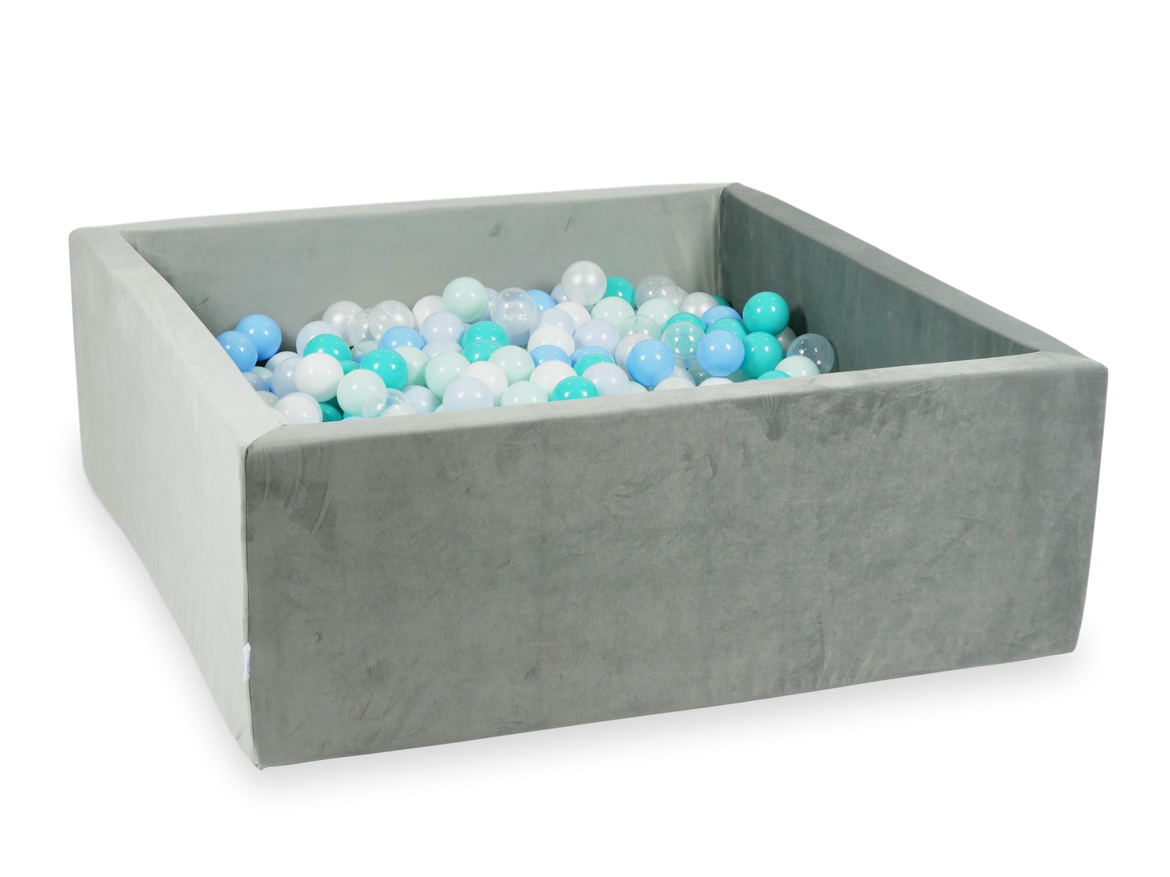 Square ball pit 110x110x40 cm in gray velvet velvet, 600 balls