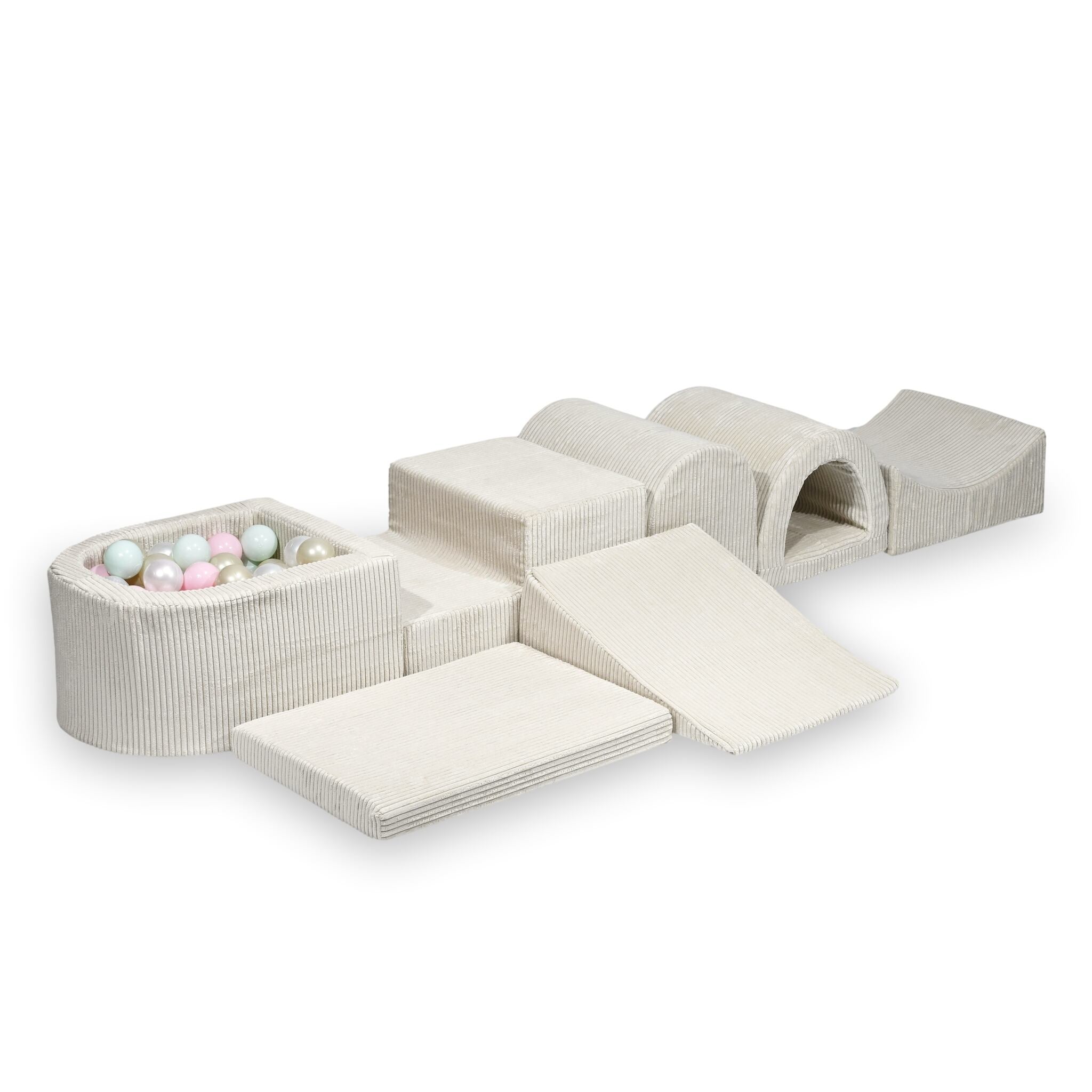 Largest foam play area with beige micro corduroy ball pit + 100 balls