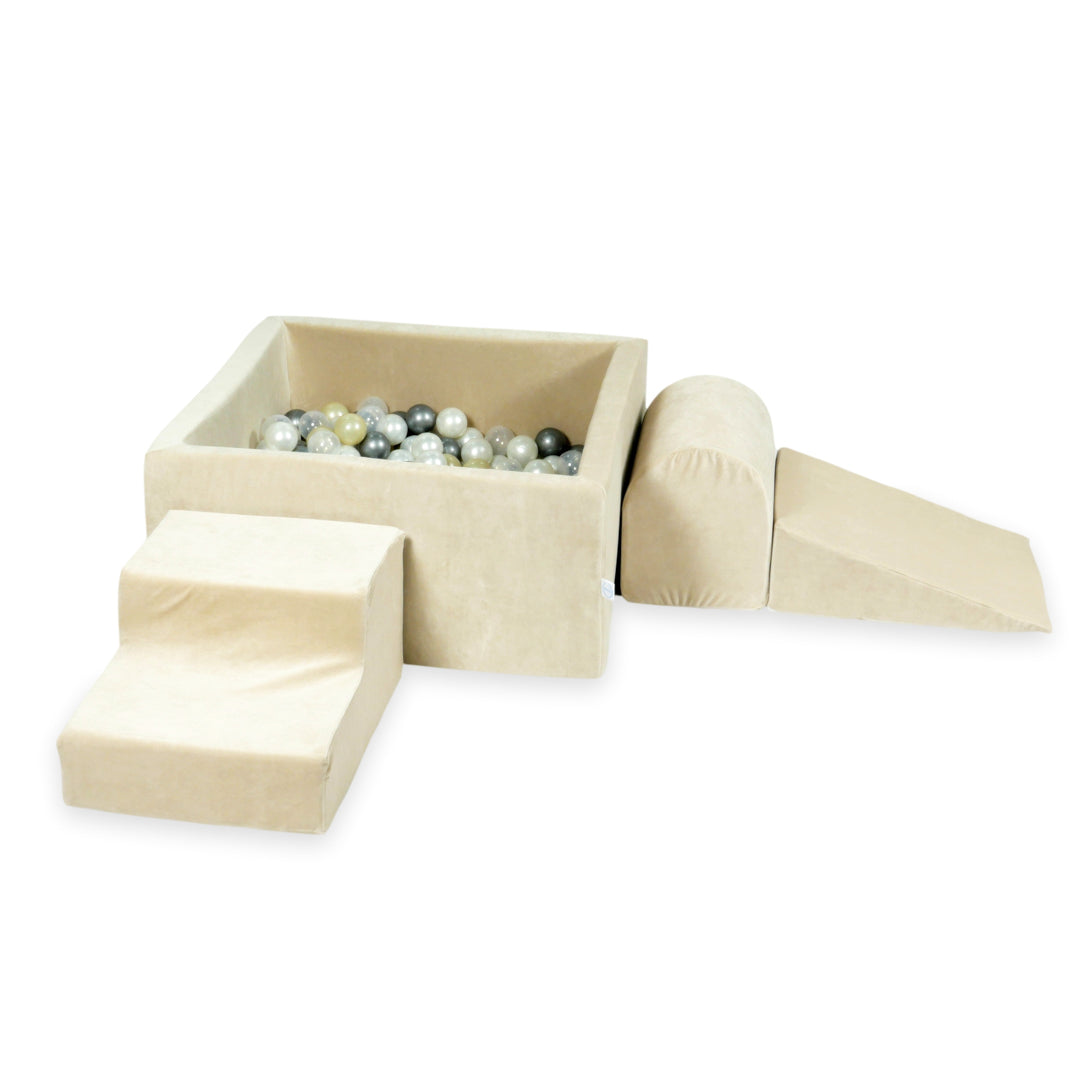 Foam play area with square ball pit children's play set 90x90x40 velvet soft beige + 400 balls