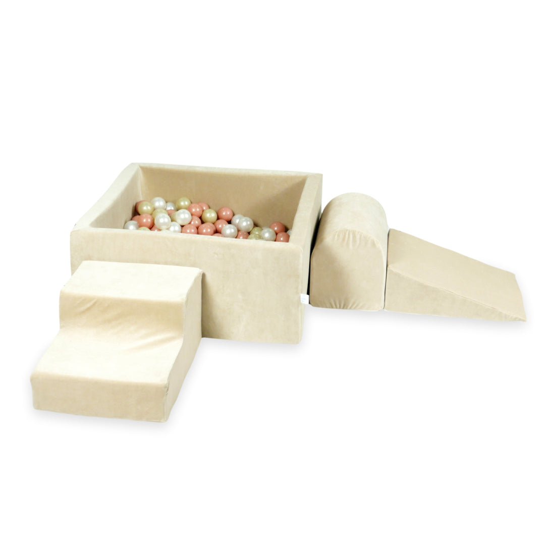 Foam play area with square ball pit children's play set 90x90x40 velvet soft beige + 400 balls